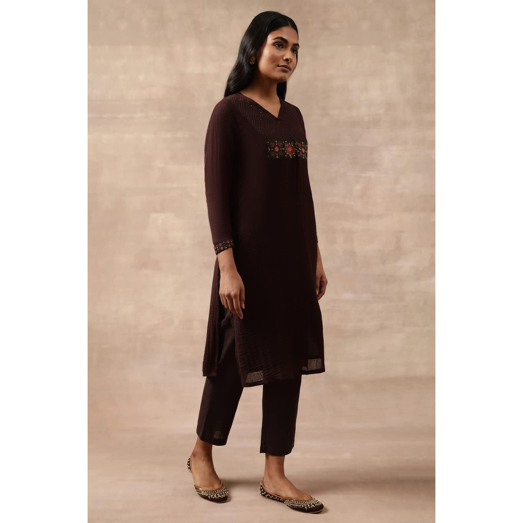 W For Woman Women's Wool Regular (Kurta_Coffee Brown_M)
