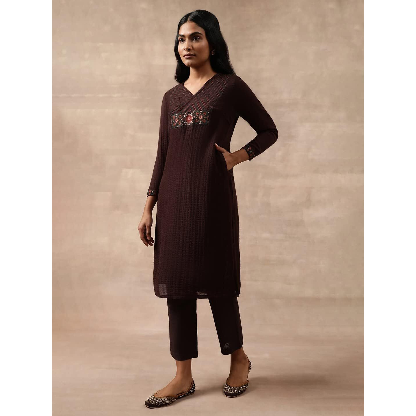 W For Woman Women's Wool Regular (Kurta_Coffee Brown_M)