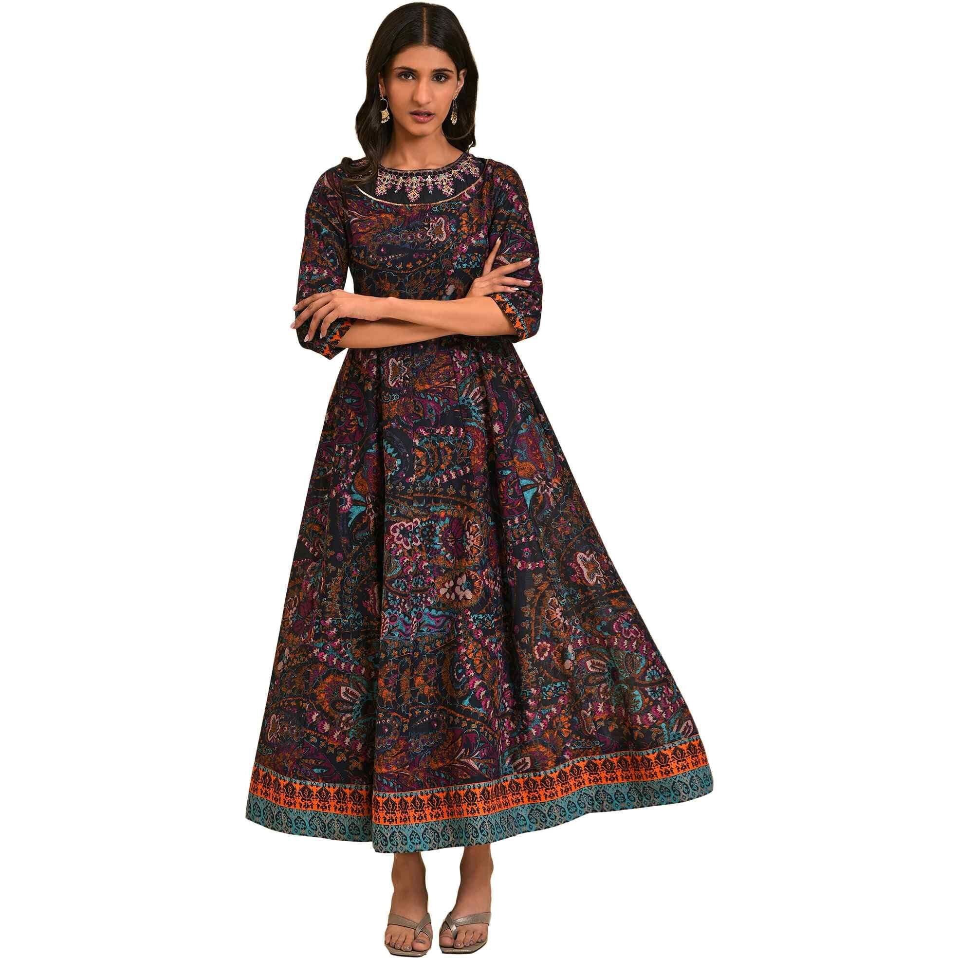 W For Woman Blue Printed Kalidar Long Dress (Size L)-23Few19568-122075