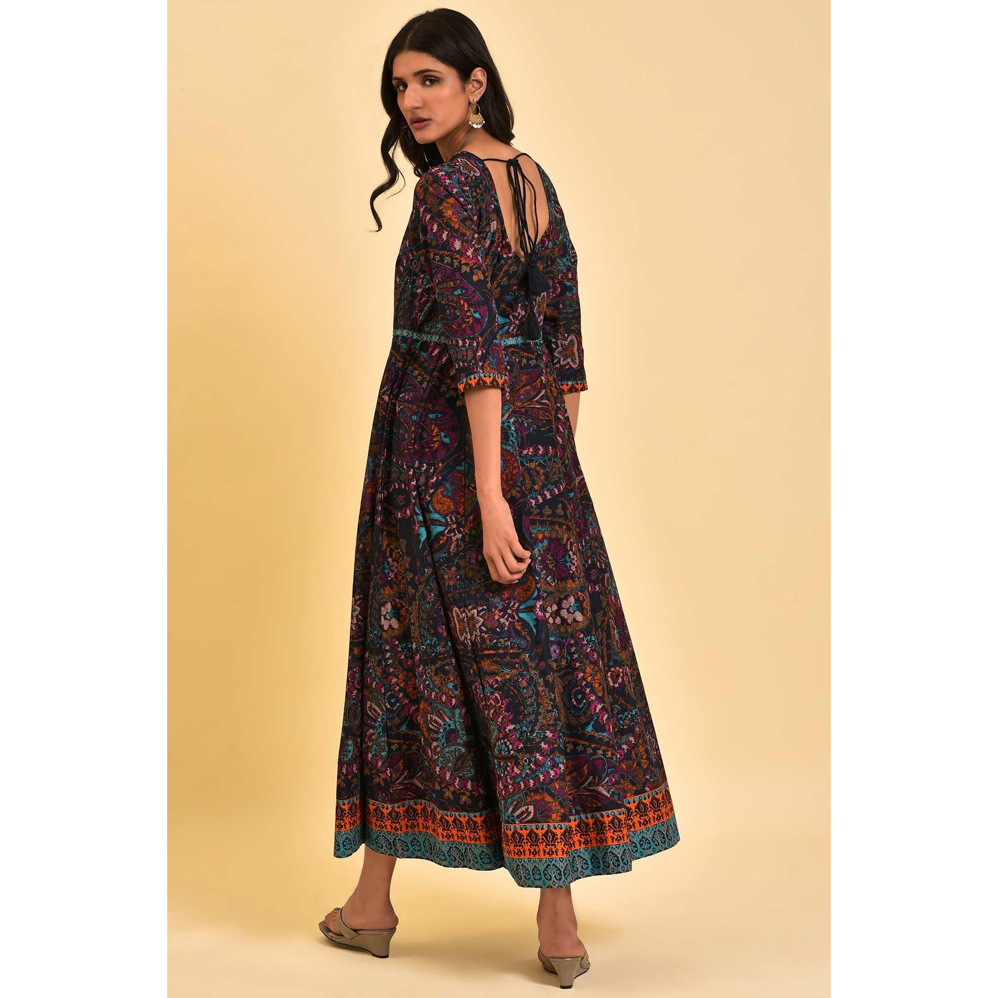 W For Woman Blue Printed Kalidar Long Dress (Size L)-23Few19568-122075