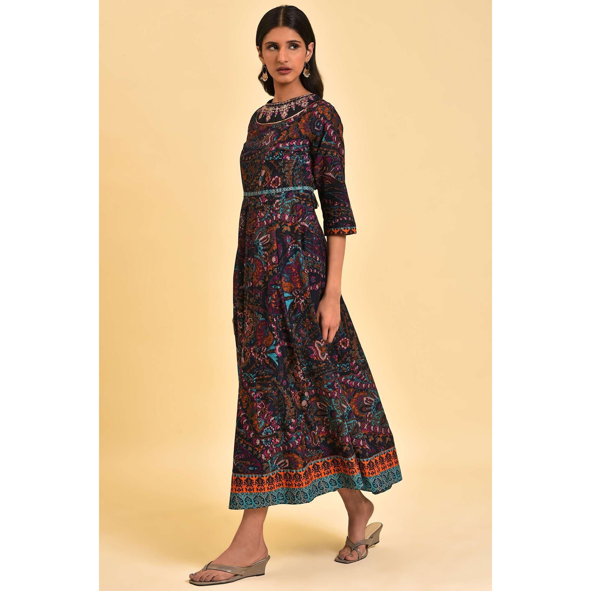 W For Woman Blue Printed Kalidar Long Dress (Size L)-23Few19568-122075