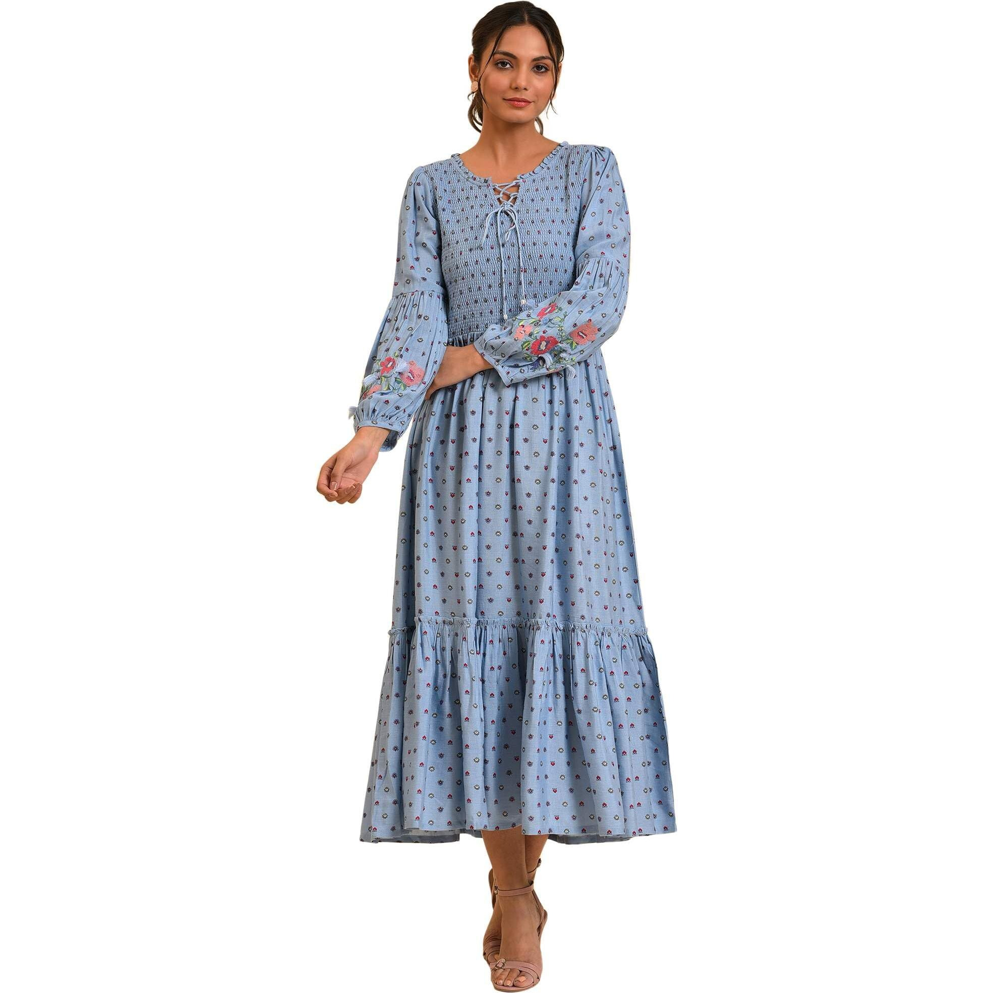W For Woman Light Blue Printed Tiered Long Dress (Size S)-23Few18840-810336