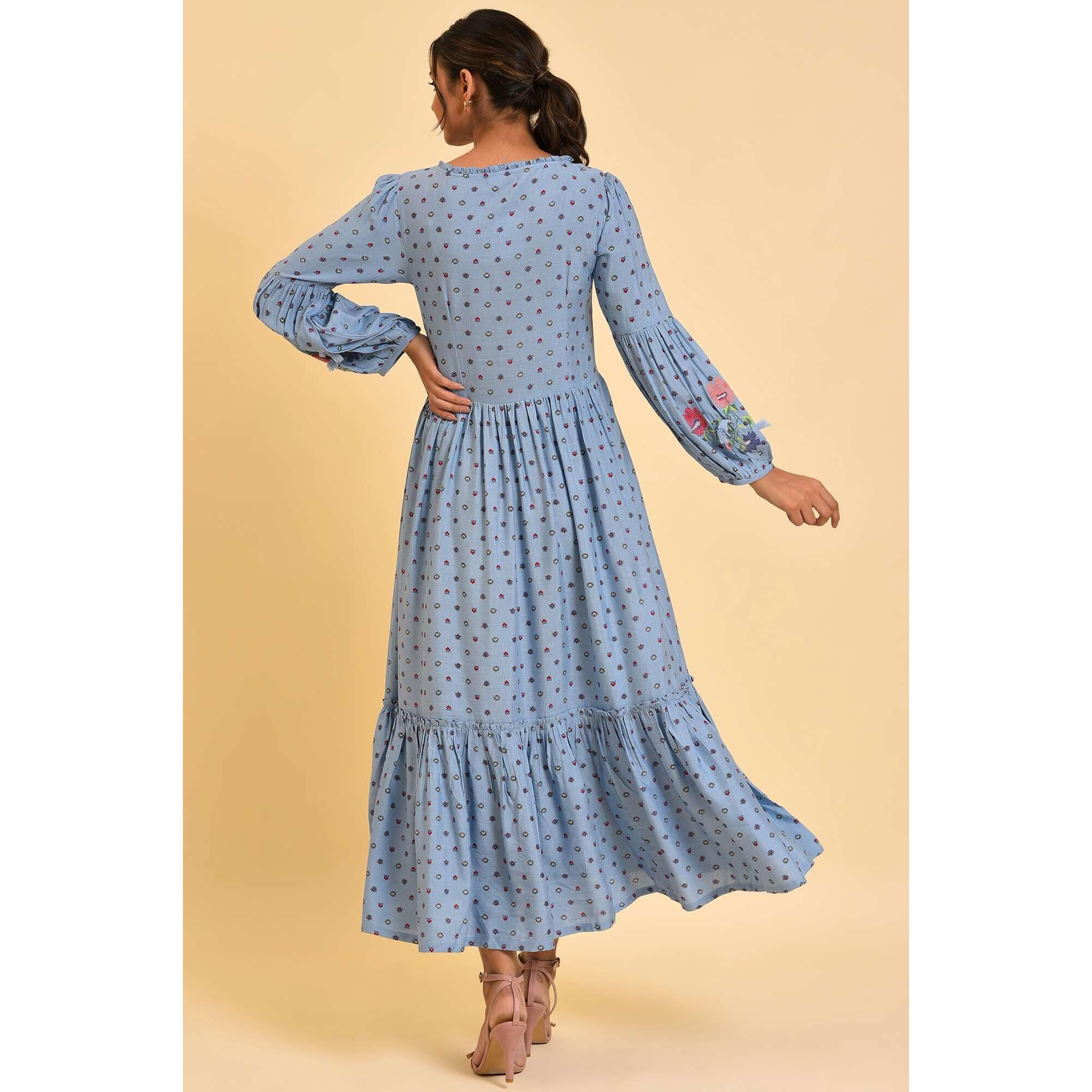 W For Woman Light Blue Printed Tiered Long Dress (Size S)-23Few18840-810336
