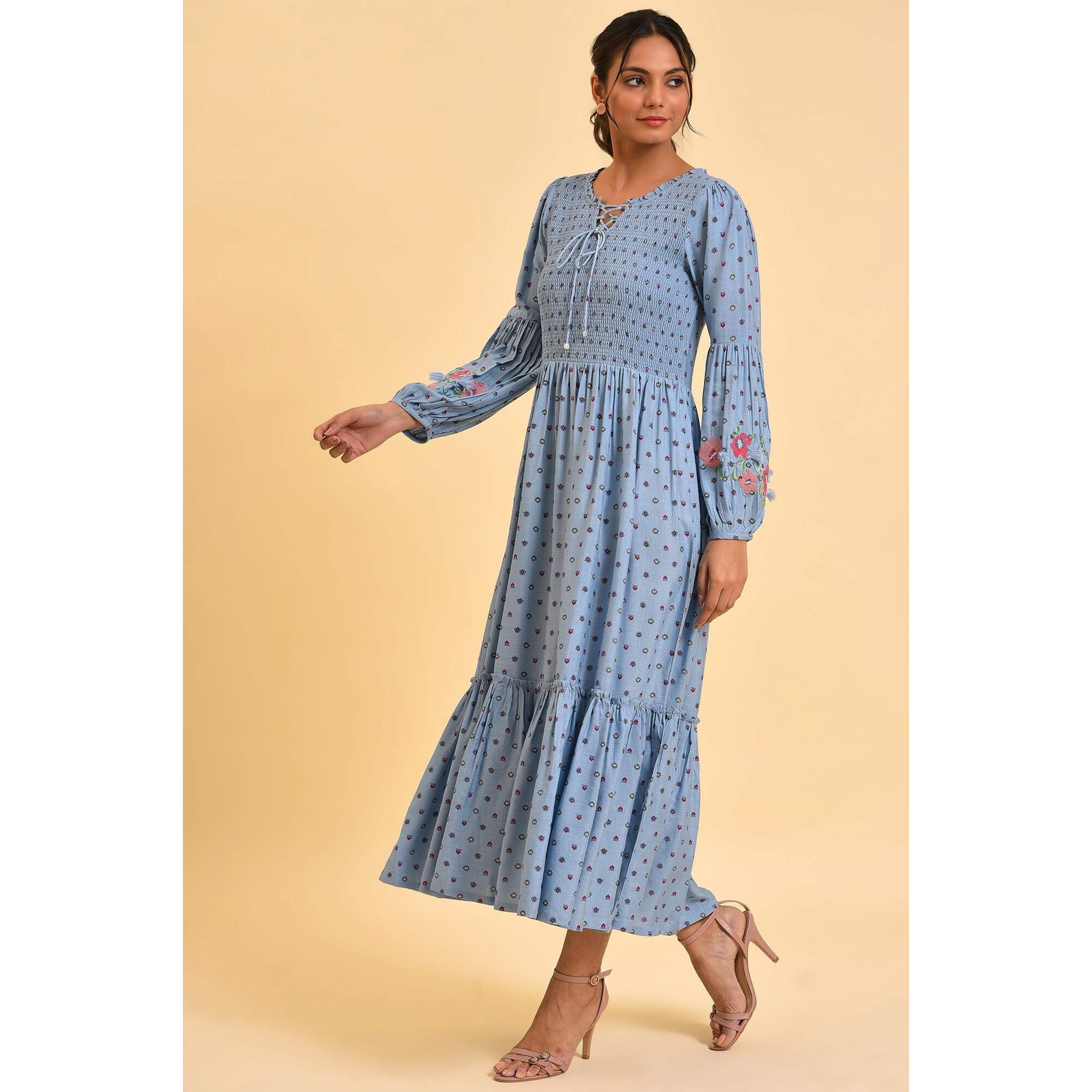 W For Woman Light Blue Printed Tiered Long Dress (Size S)-23Few18840-810336