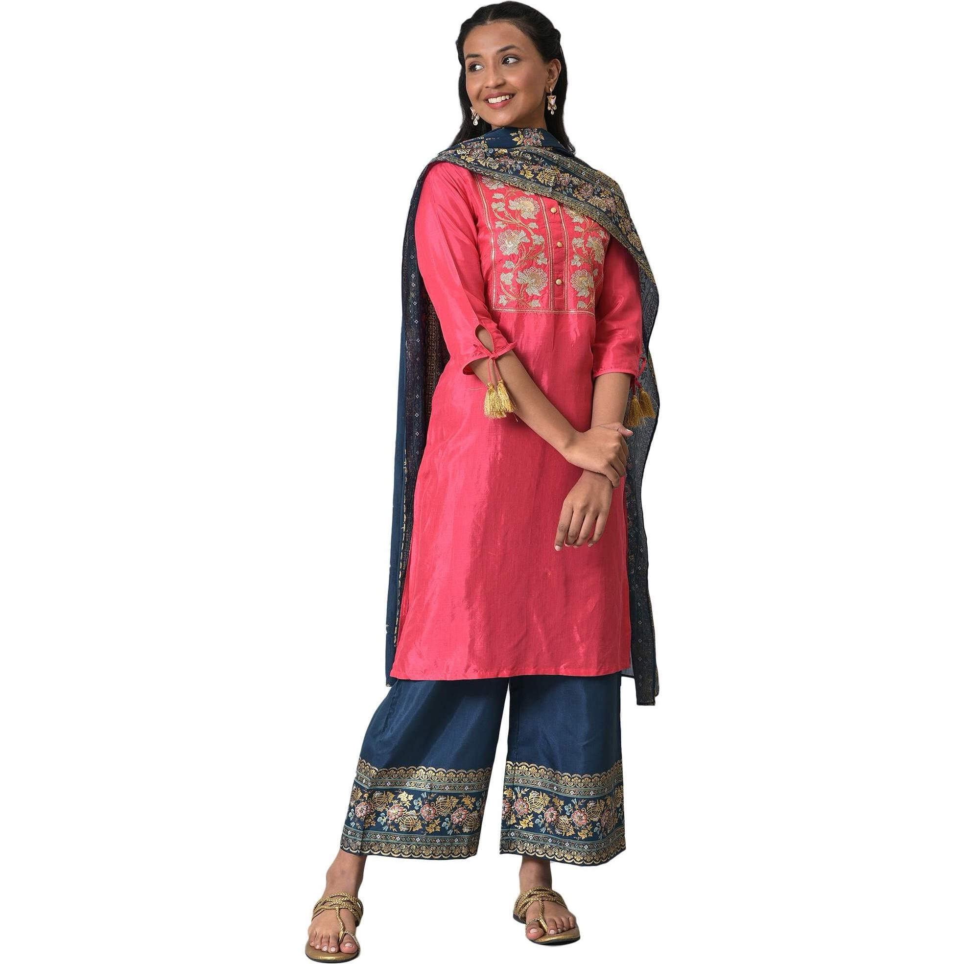 Pink Zari Embroidered Festive Kurta Set