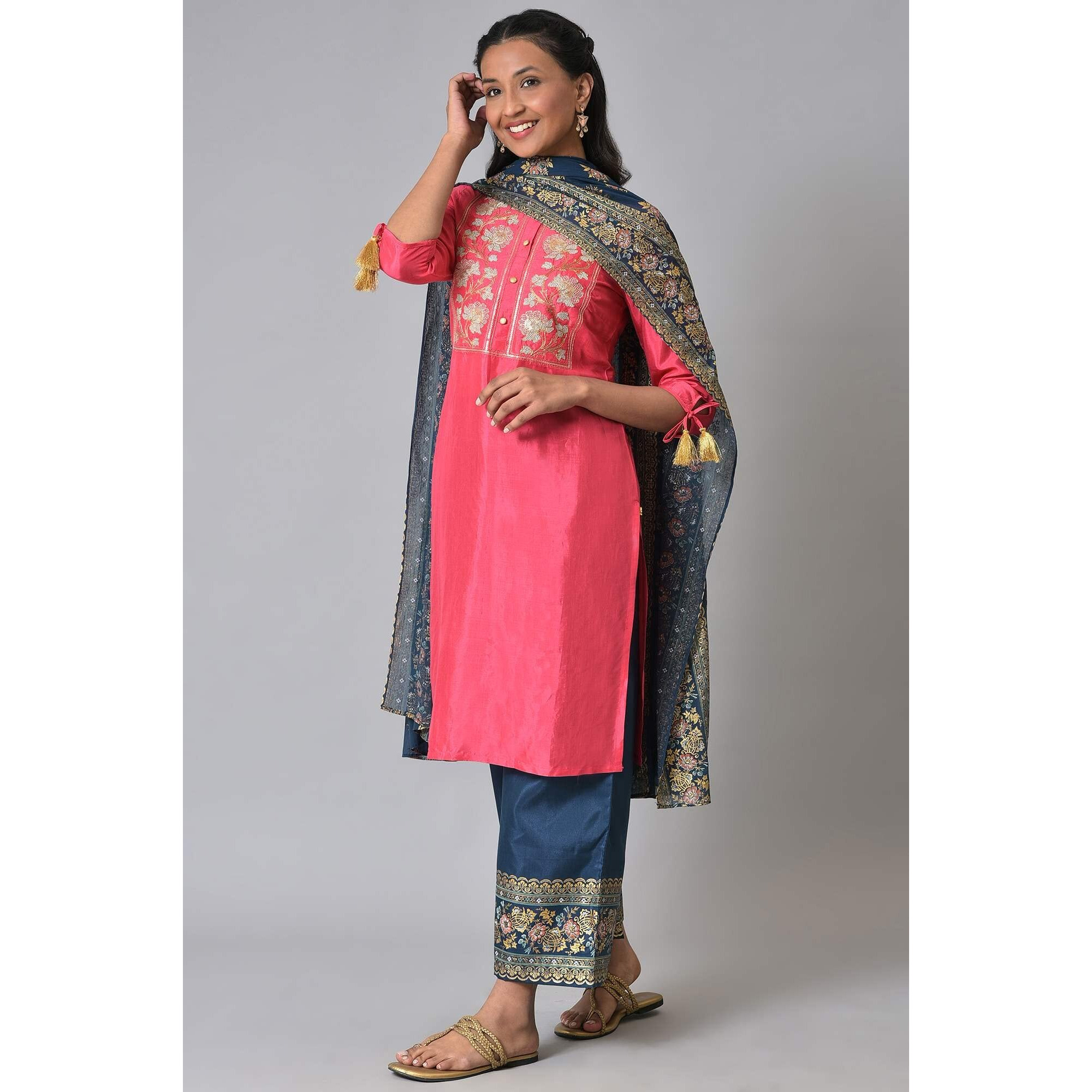 Pink Zari Embroidered Festive Kurta Set