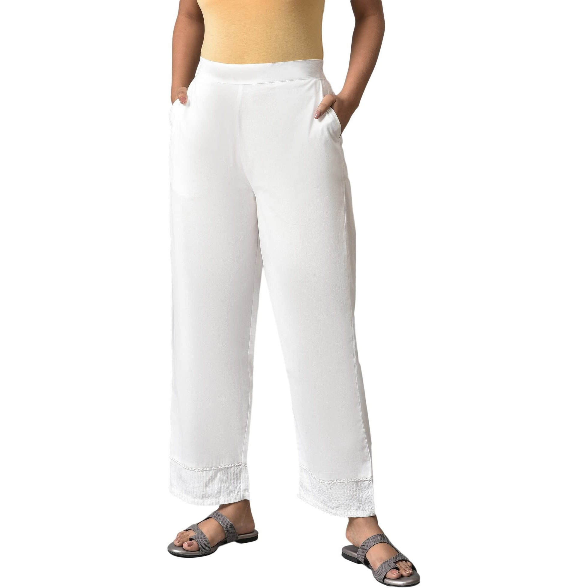 Aurelia White Solid Cotton Palazzos For Women's Ethnic Bottomwear