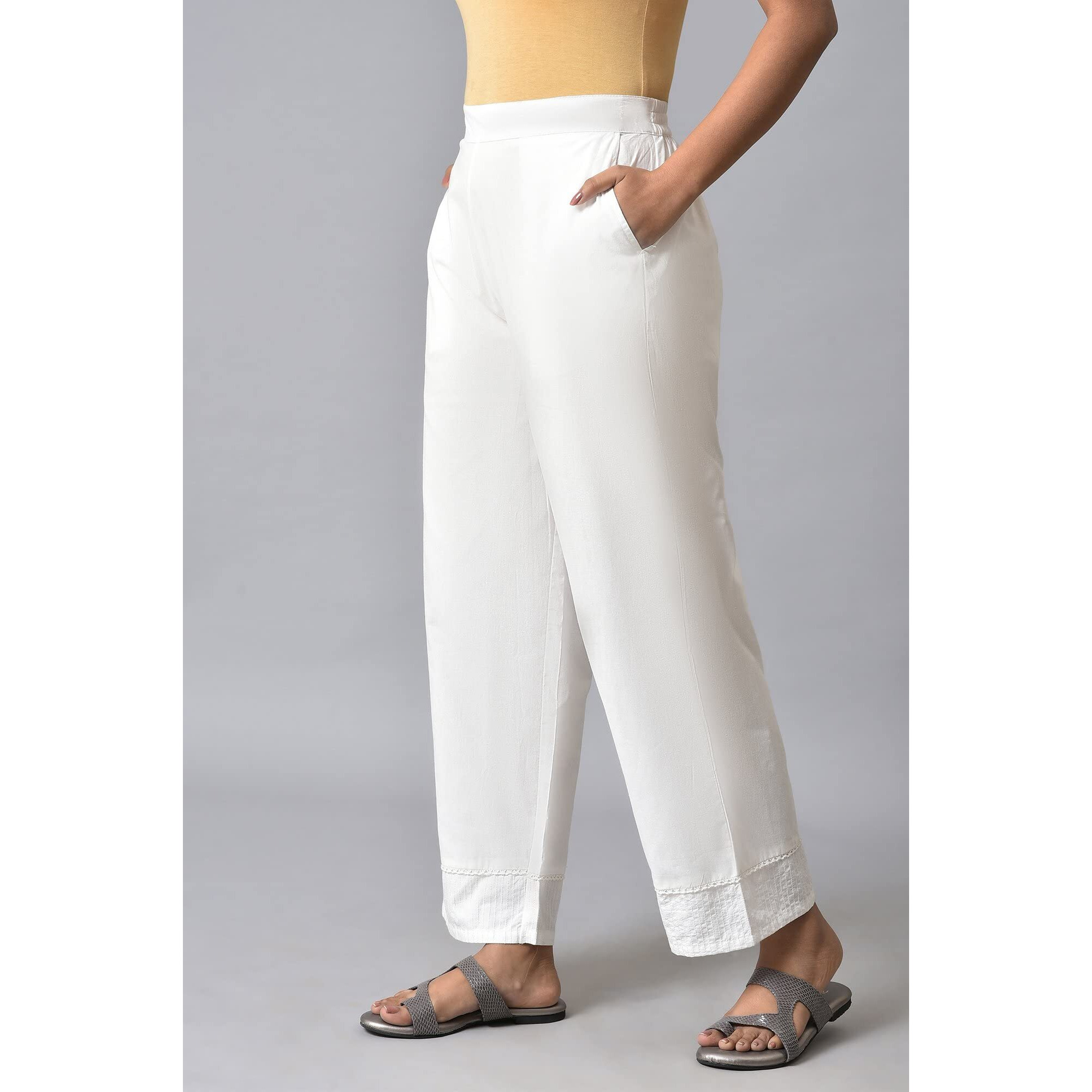 Aurelia White Solid Cotton Palazzos For Women's Ethnic Bottomwear