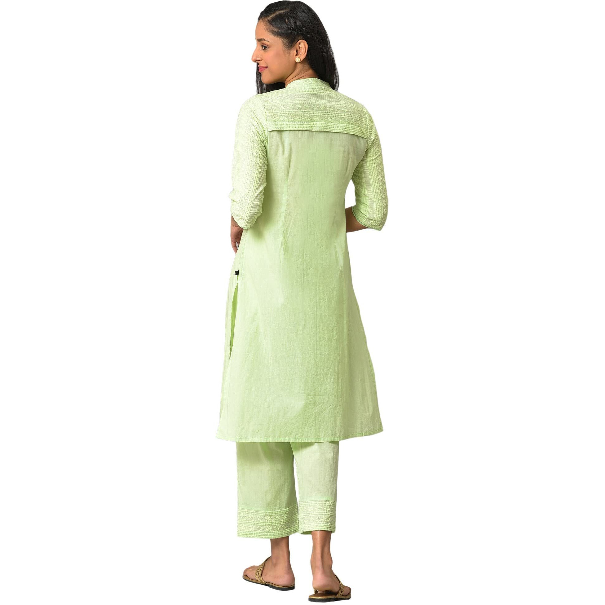 Aurelia Green Embroidered Cotton Kurta And Trousers Set For Women