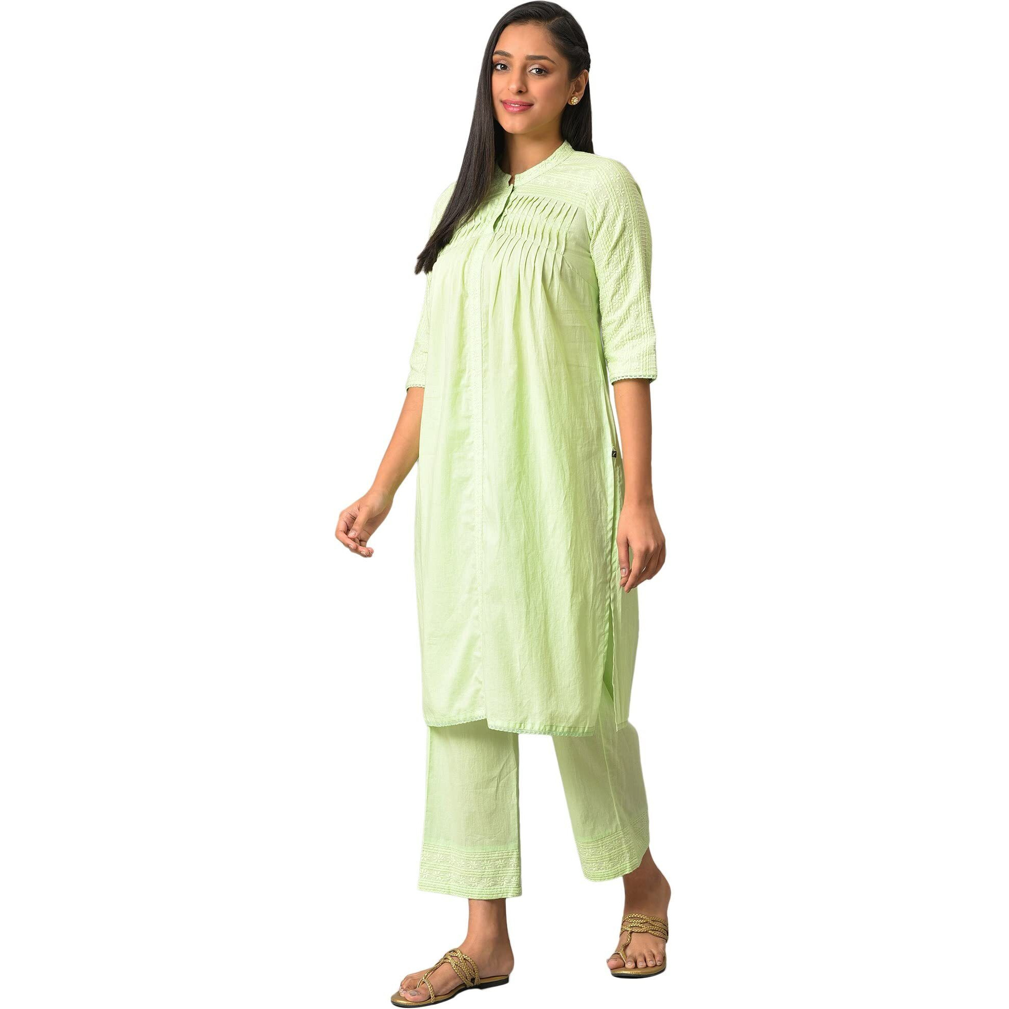 Aurelia Green Embroidered Cotton Kurta And Trousers Set For Women