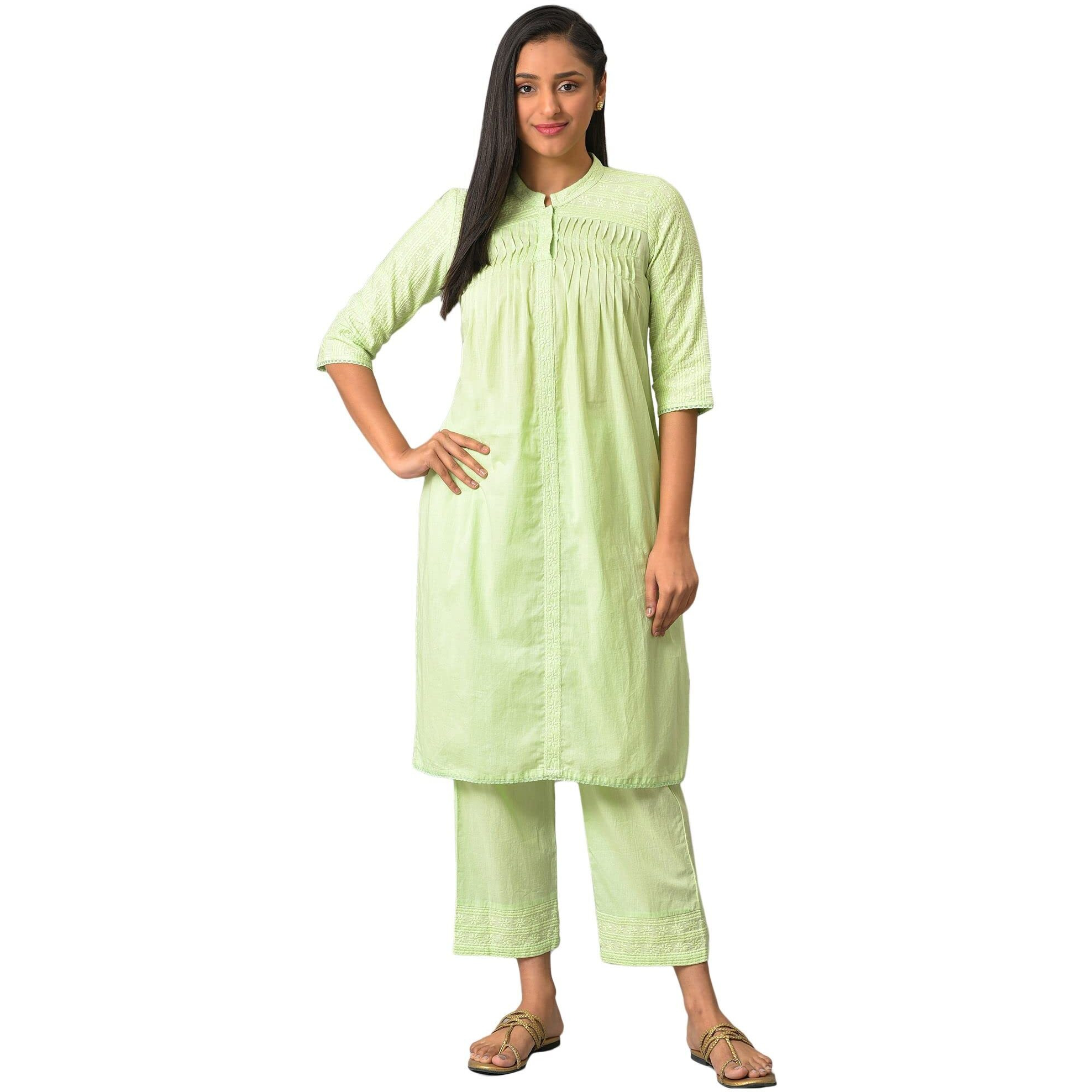 Aurelia Green Embroidered Cotton Kurta And Trousers Set For Women