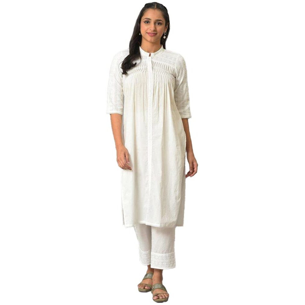 Aurelia Embroidered White Cotton Women's Kurta And Trousers Set