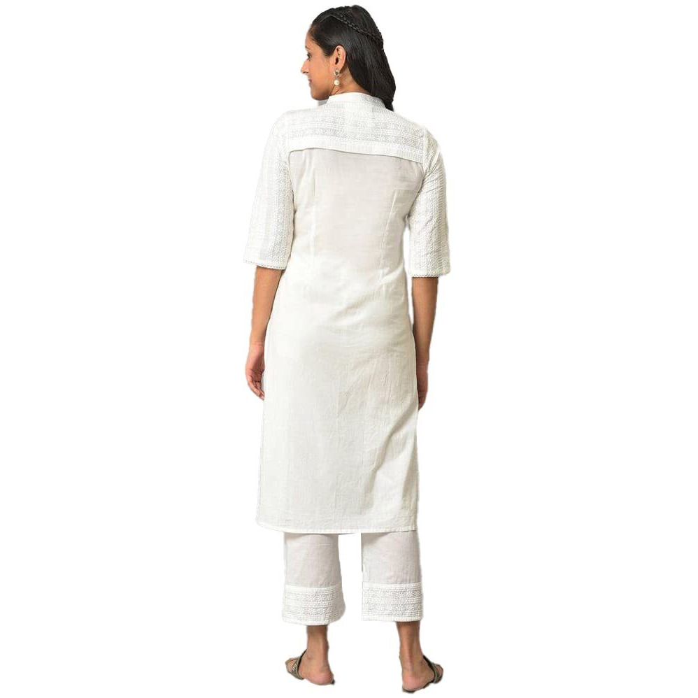 Aurelia Embroidered White Cotton Women's Kurta And Trousers Set