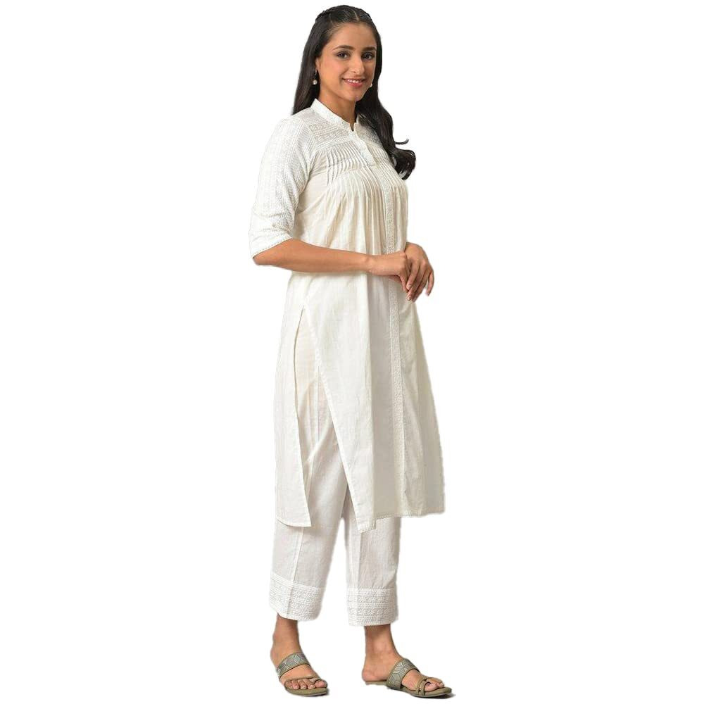 Aurelia Embroidered White Cotton Women's Kurta And Trousers Set