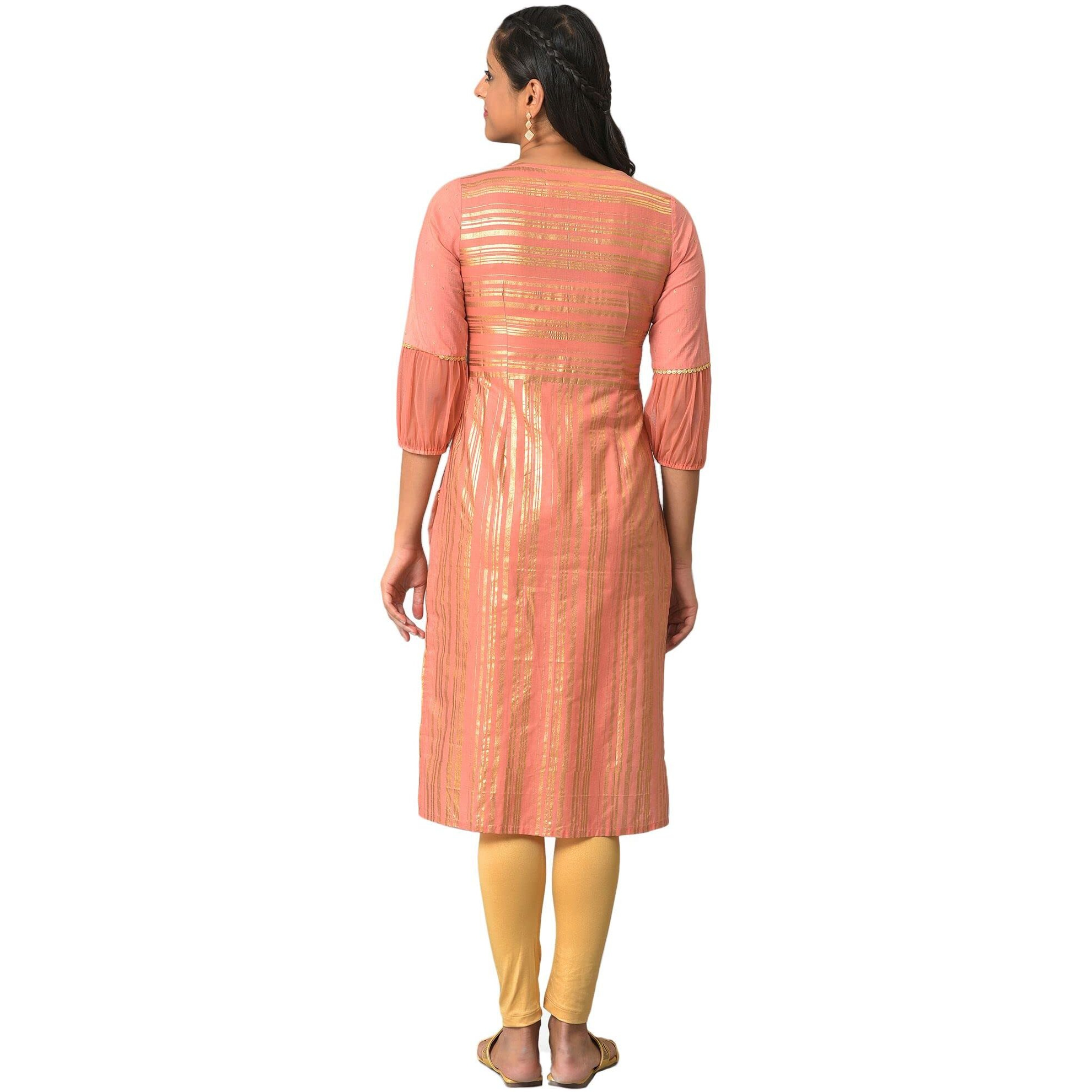 Aurelia Women's Rayon Floral Regular Peach Sequined Yoke Striped Kurta (23Fea14045-505382