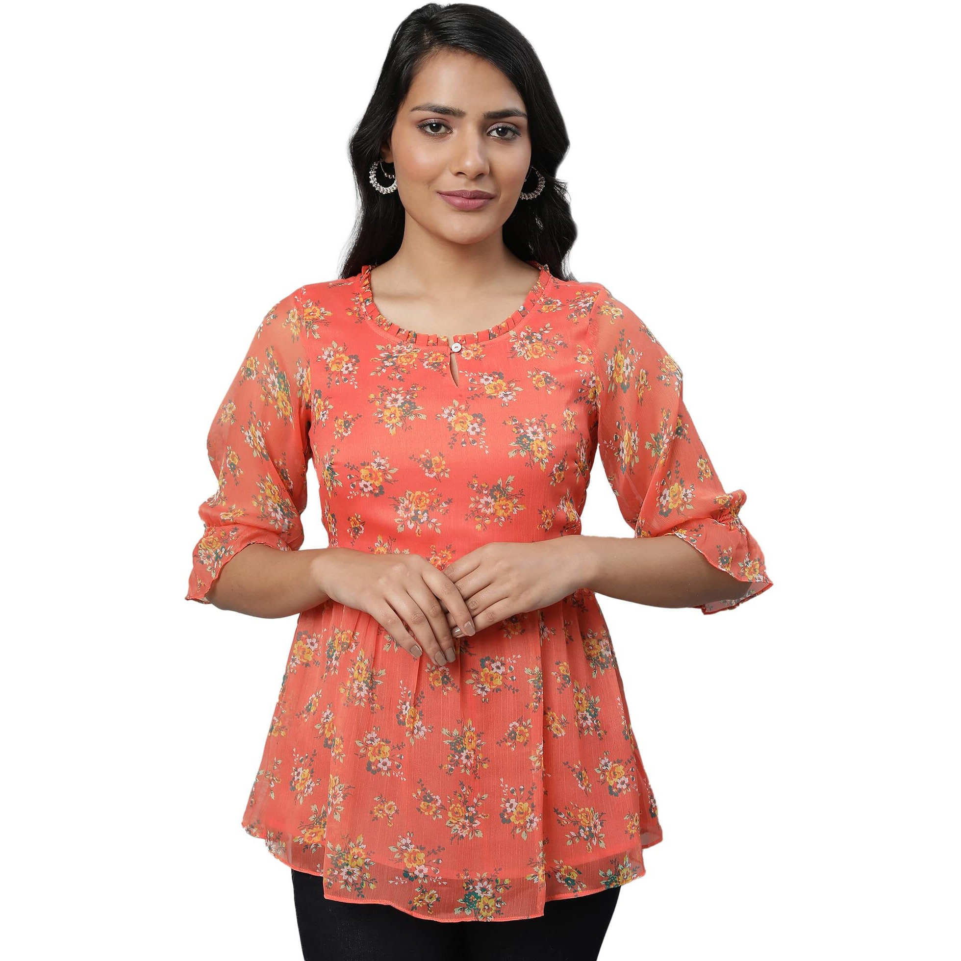 Aurelia Orange Floral Printed Printed Synthetic Regular Kurti For Women
