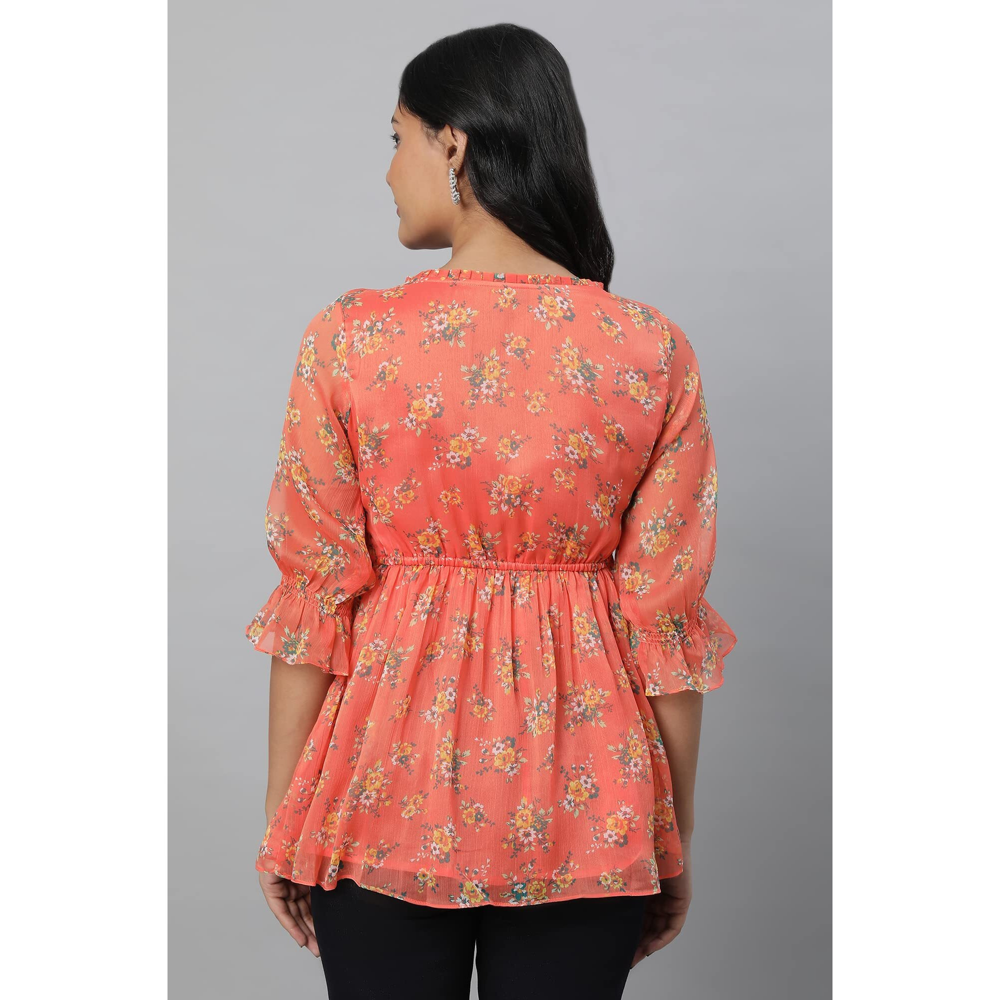 Aurelia Orange Floral Printed Printed Synthetic Regular Kurti For Women