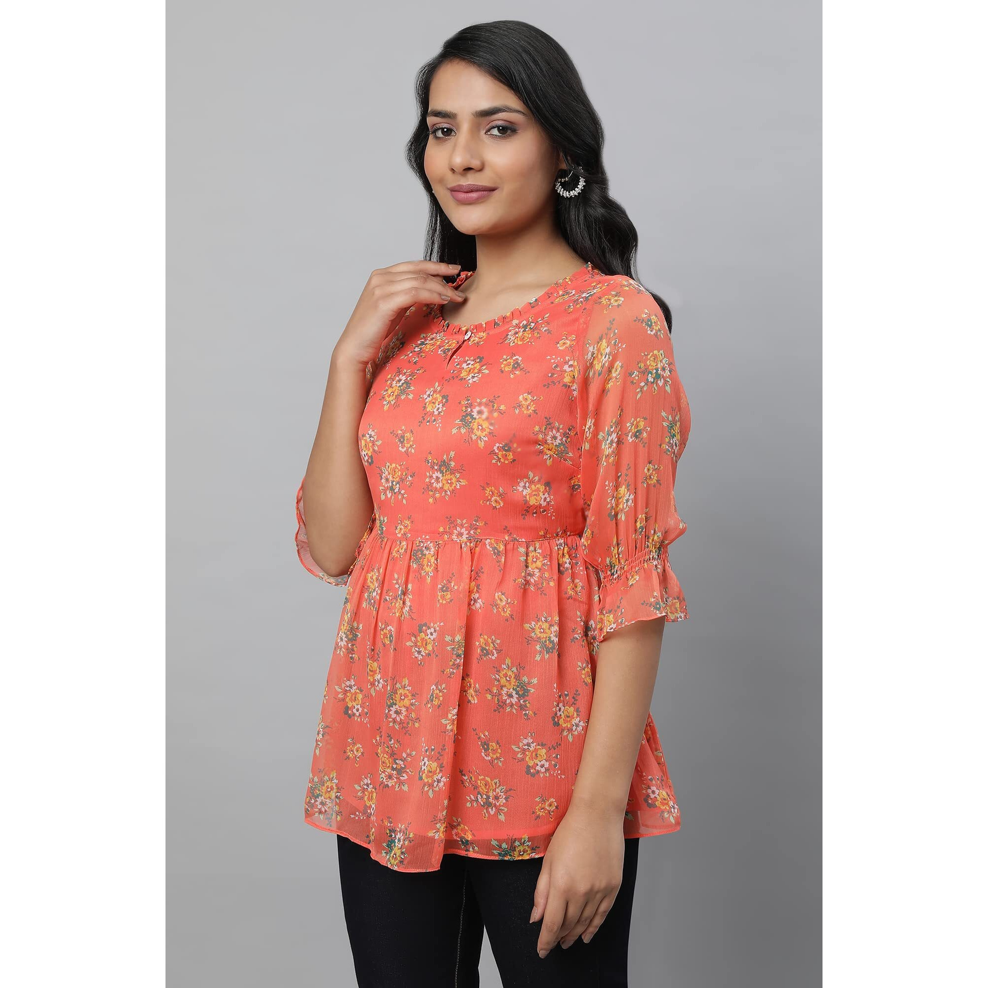Aurelia Orange Floral Printed Printed Synthetic Regular Kurti For Women