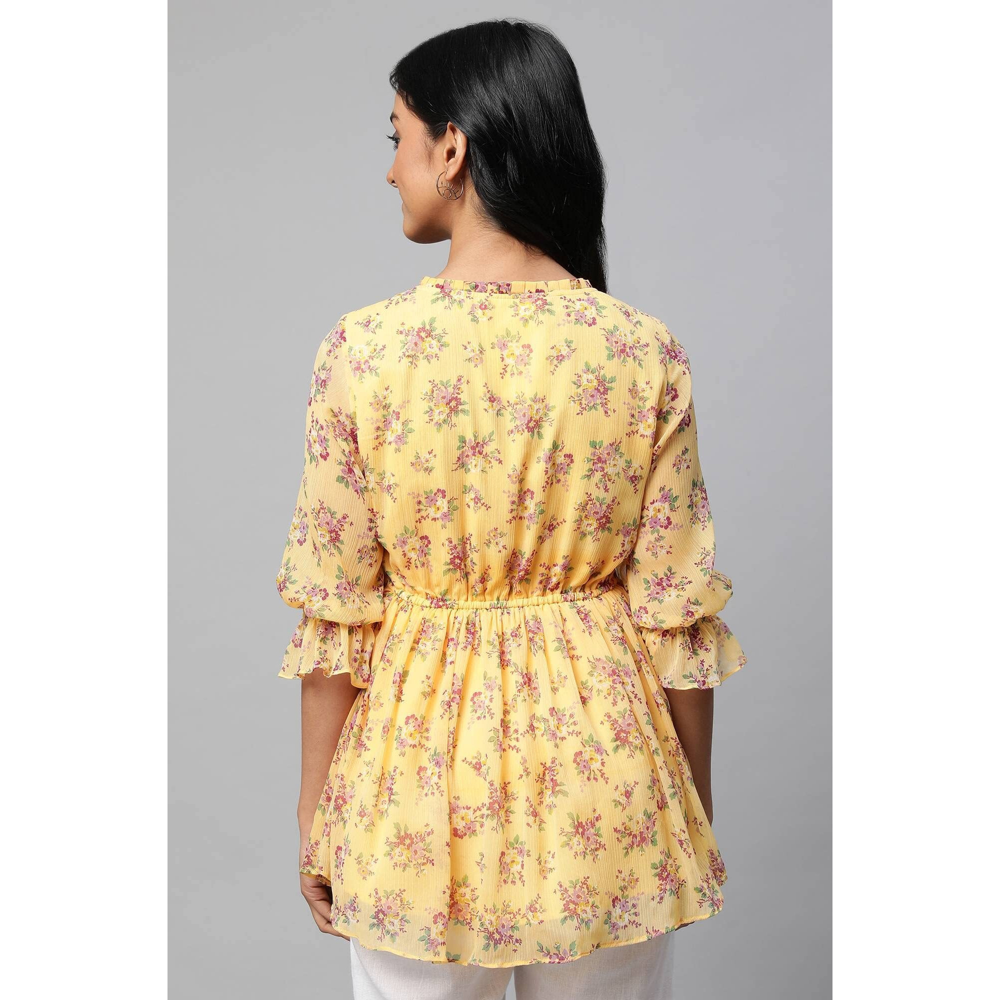 Yellow Floral Print Flared Short Chiffon Kurti