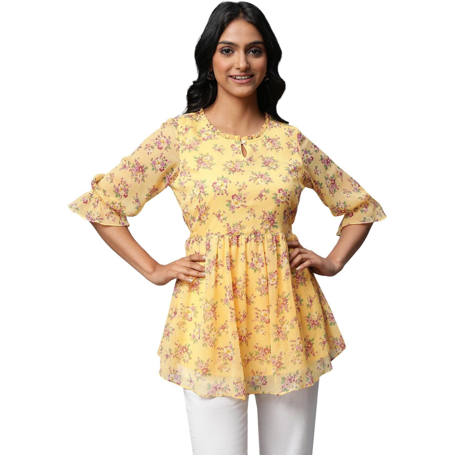 Yellow Floral Print Flared Short Chiffon Kurti