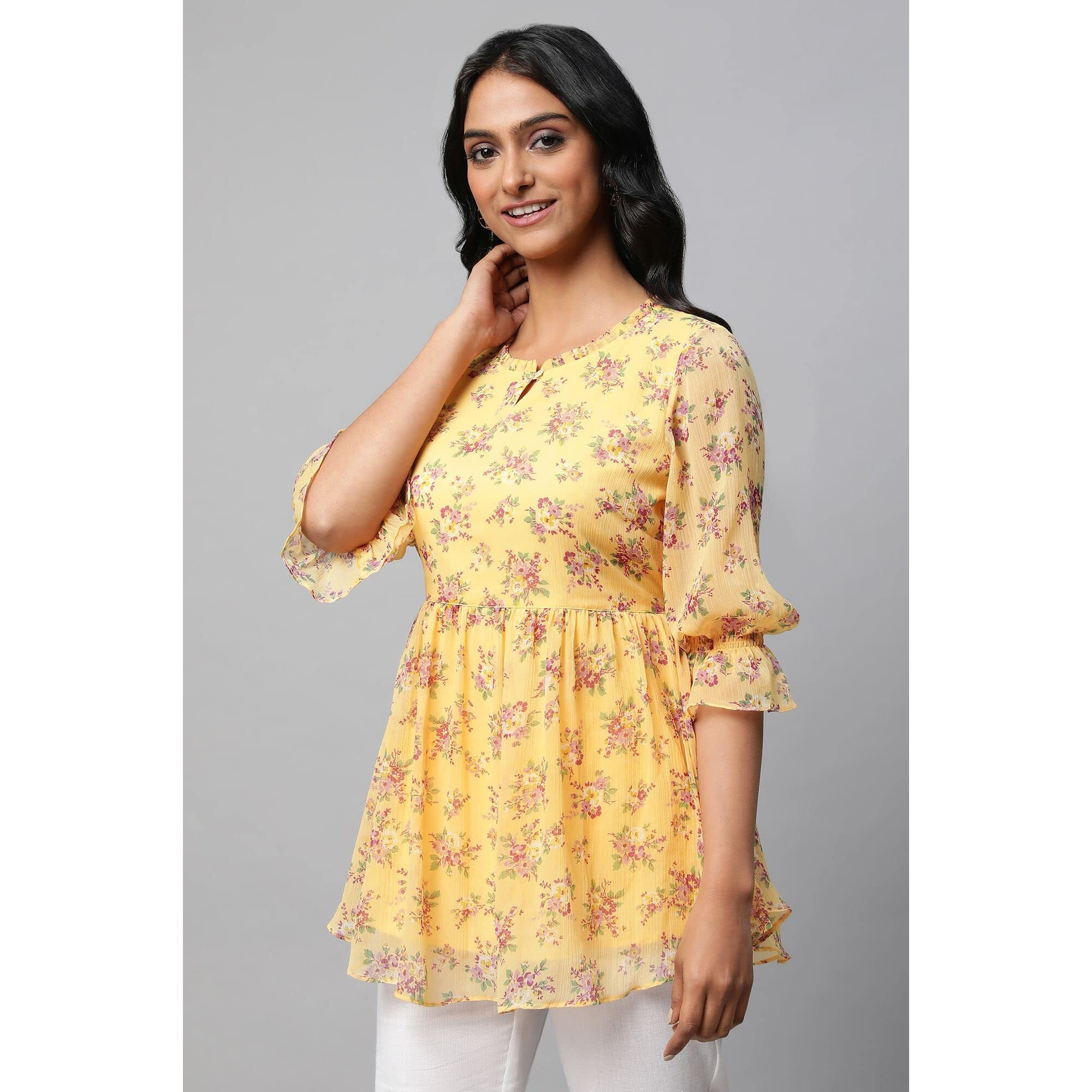 Yellow Floral Print Flared Short Chiffon Kurti