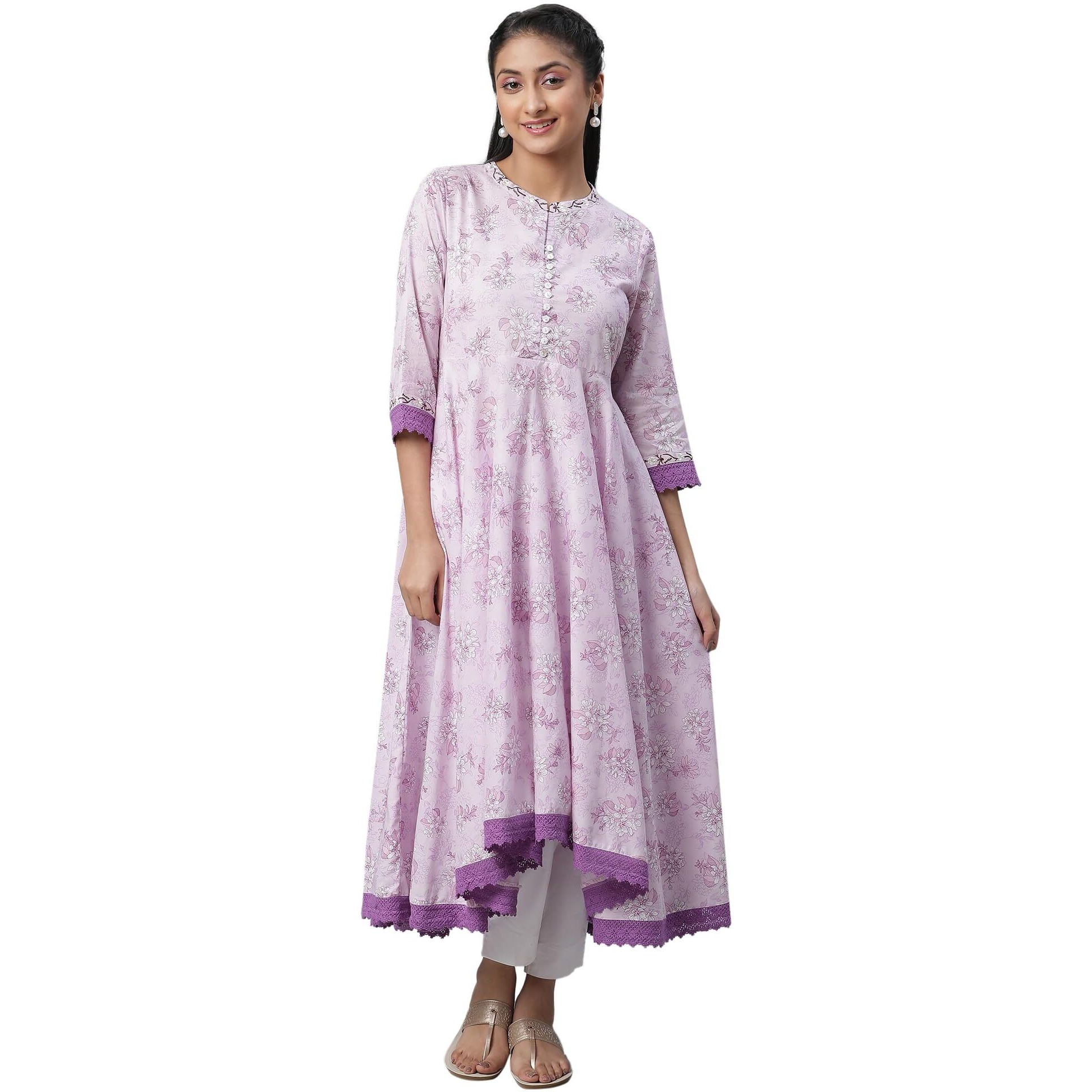 Aurelia Women's Floral Printed Printed Embroidered Anarkali Purple Cotton Kurta