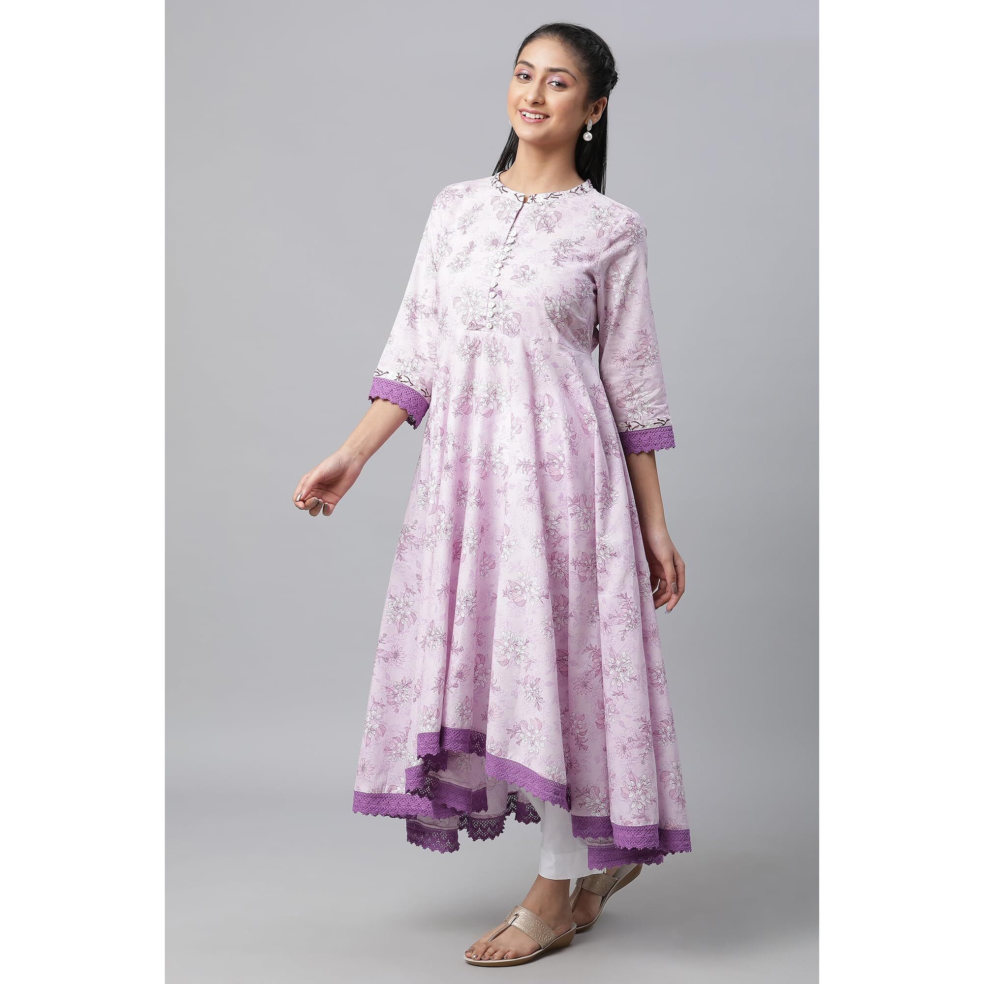 Aurelia Women's Floral Printed Printed Embroidered Anarkali Purple Cotton Kurta