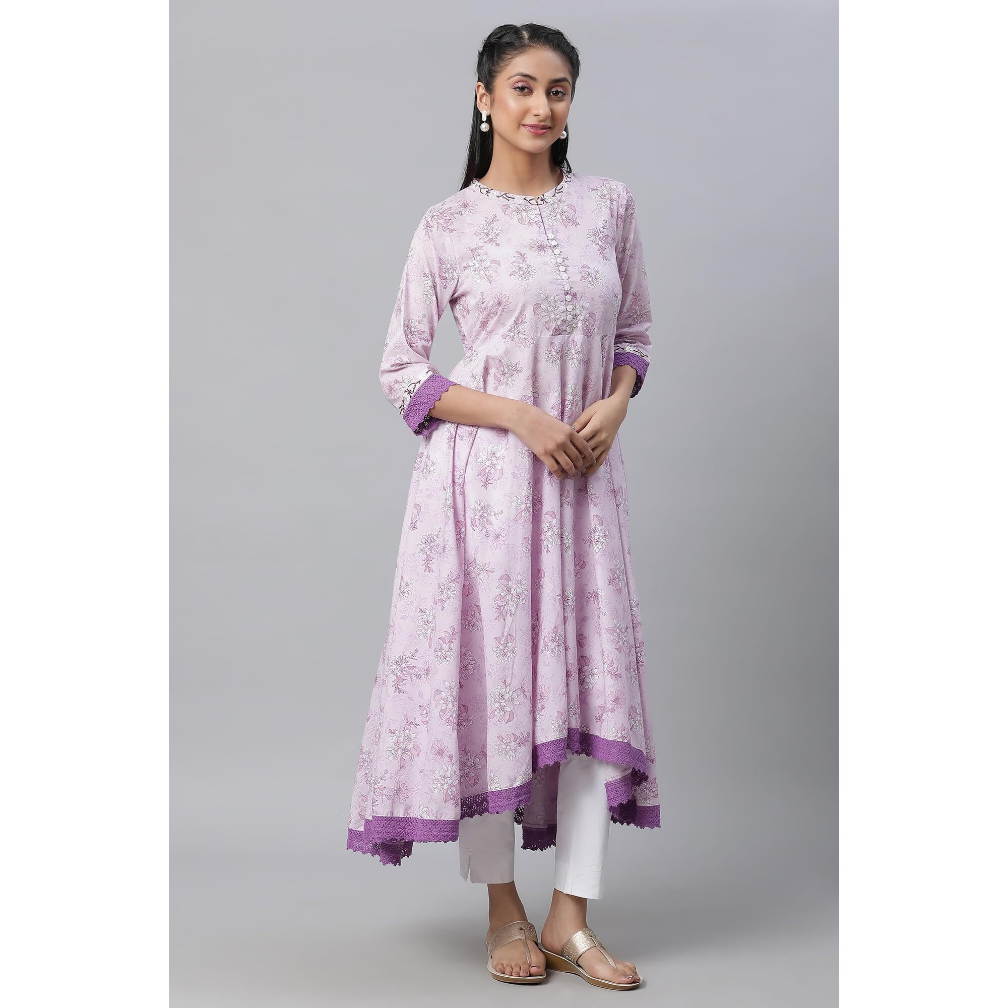 Aurelia Women's Floral Printed Printed Embroidered Anarkali Purple Cotton Kurta