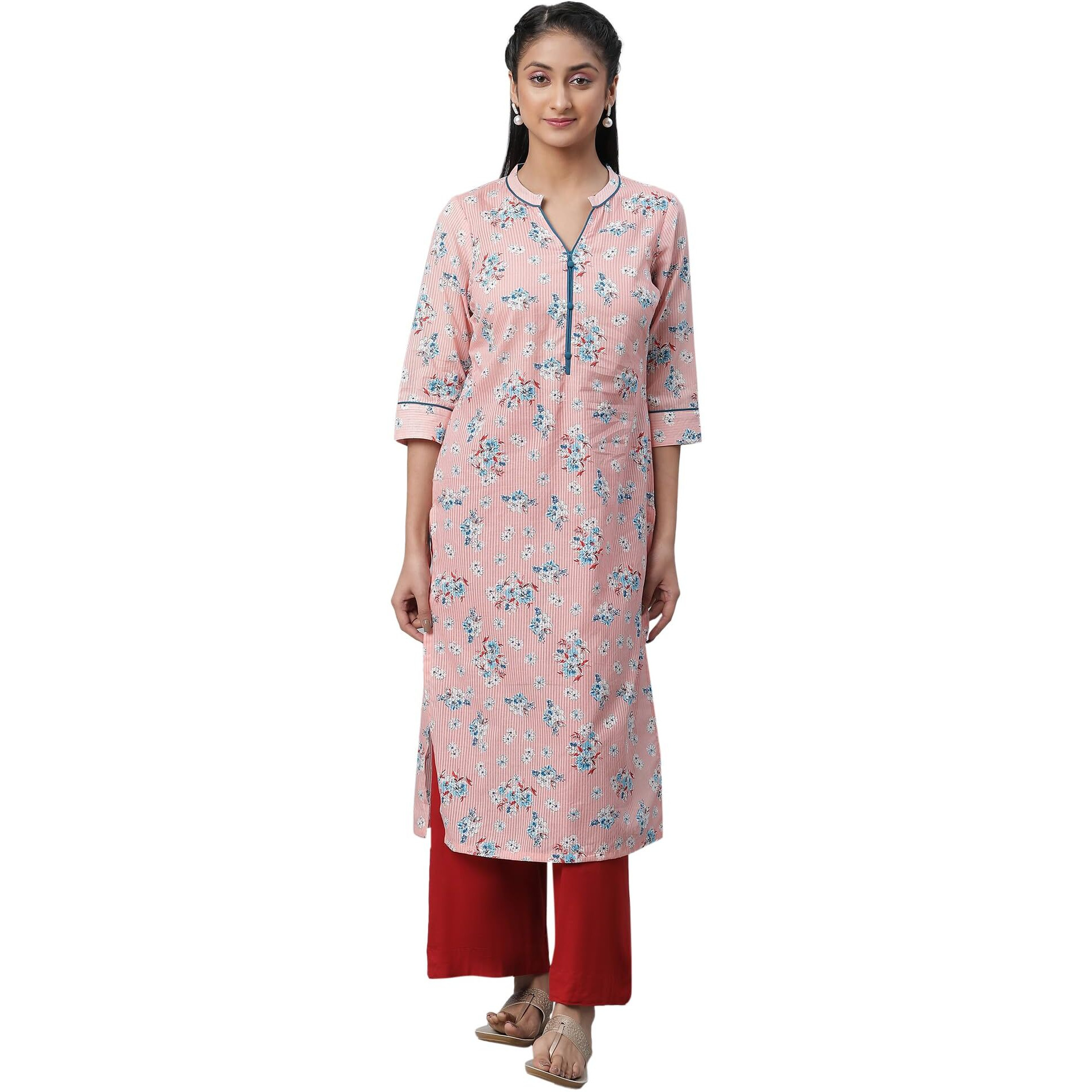 Aurelia Peach Floral Printed Printed Cotton Straight Long Kurta