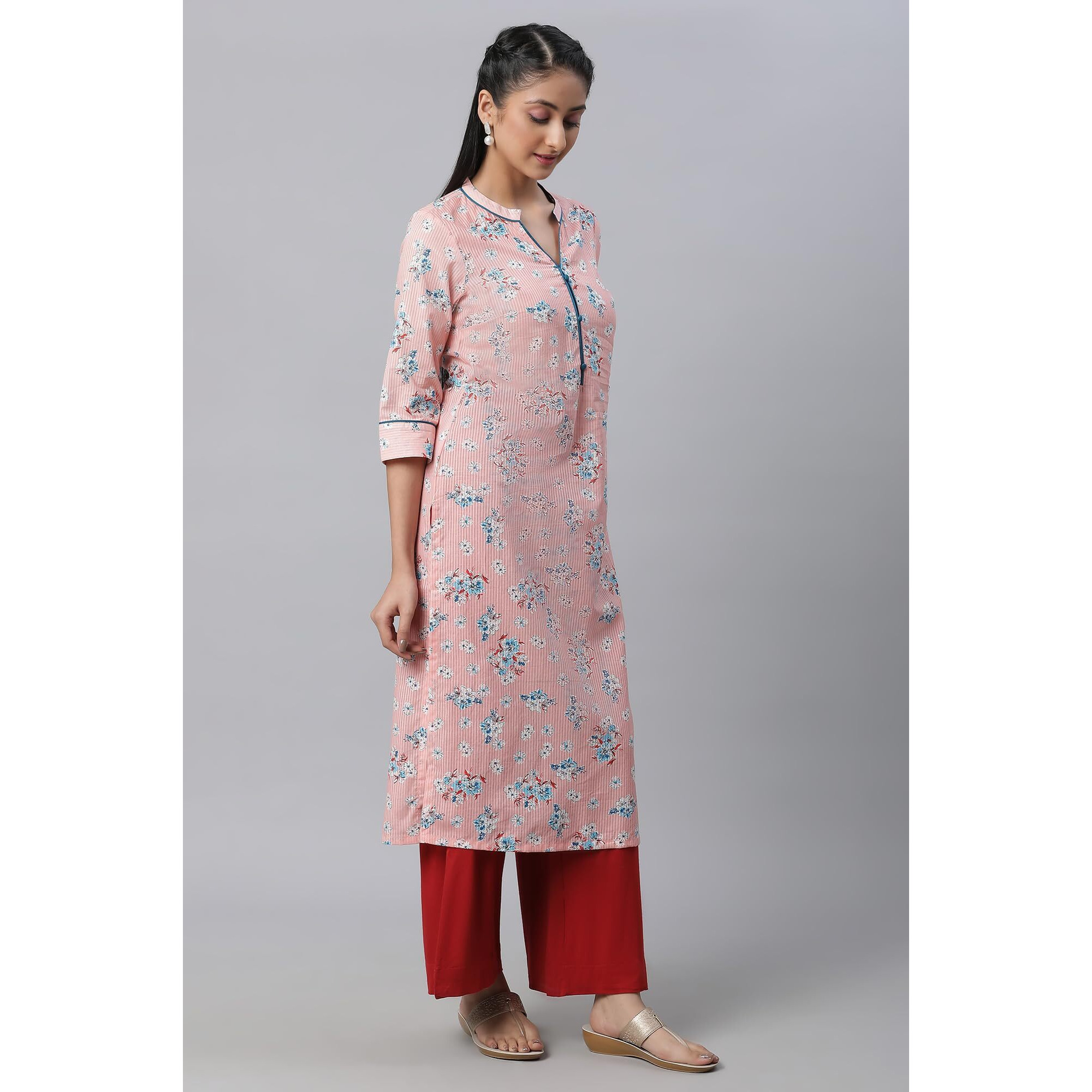 Aurelia Peach Floral Printed Printed Cotton Straight Long Kurta