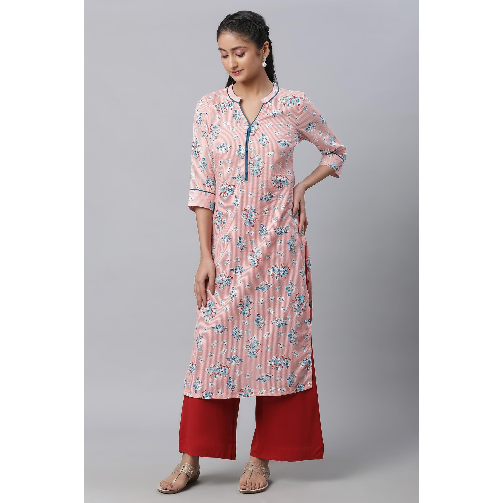Aurelia Peach Floral Printed Printed Cotton Straight Long Kurta