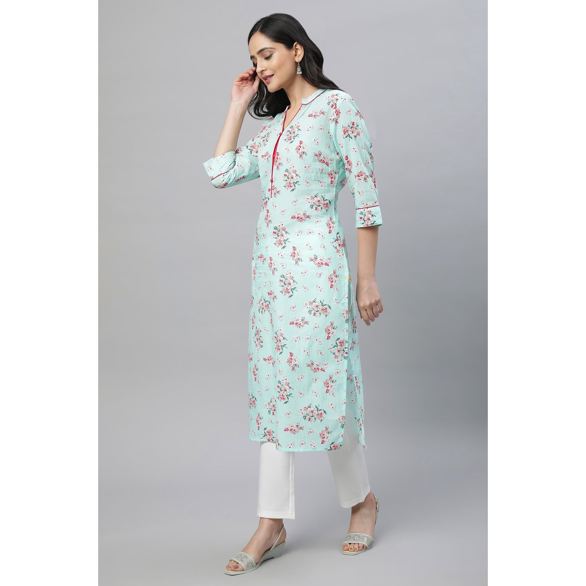 Aurelia Green Floral Printed Printed Cotton Straight Long Kurta For Women