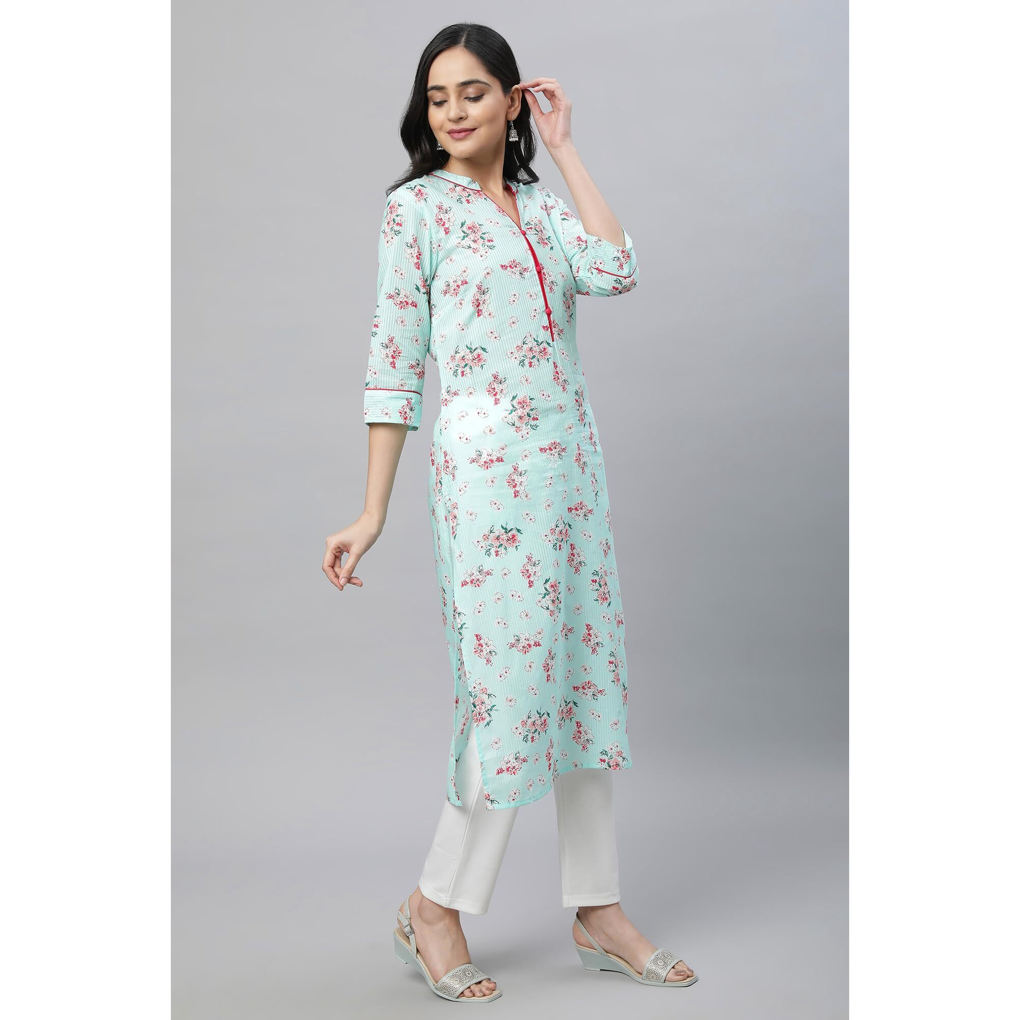 Aurelia Green Floral Printed Printed Cotton Straight Long Kurta For Women
