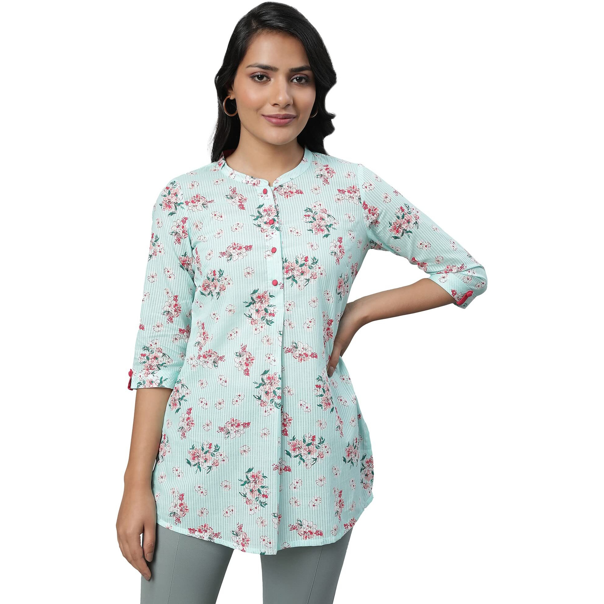 Aurelia Women's Striped Regular Green Cotton Kurti