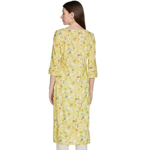Aurelia Women's Viscose Floral Regular Kurta (23Fea14102-507154_Yellow_L