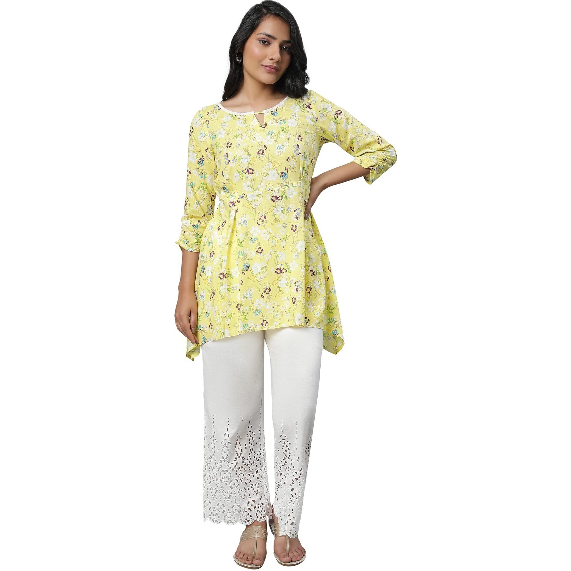 Aurelia Women's Viscose Floral Regular Kurti (23Fea30356-507154_Yellow