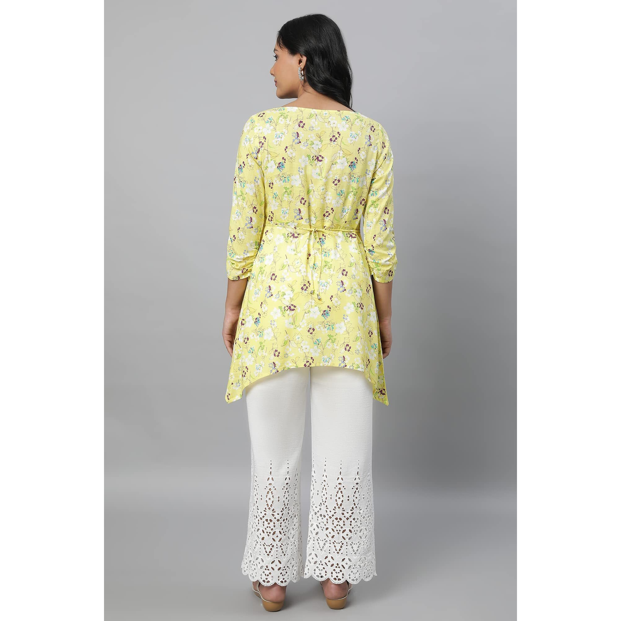 Aurelia Women's Viscose Floral Regular Kurti (23Fea30356-507154_Yellow
