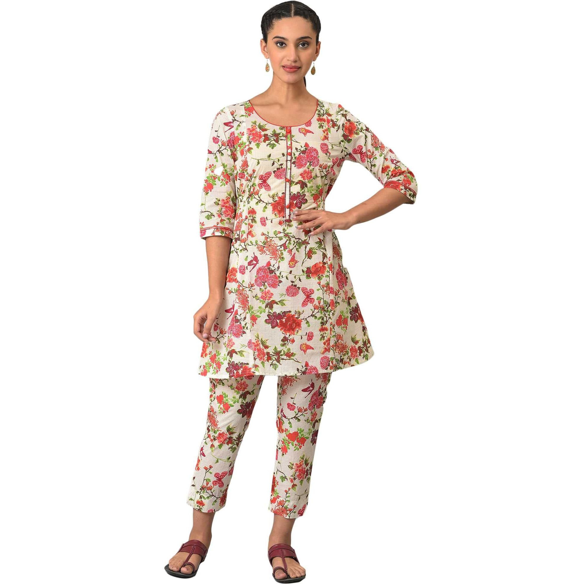 White Multi-Coloured Floral Print Summer Kurta Co-Ord Set