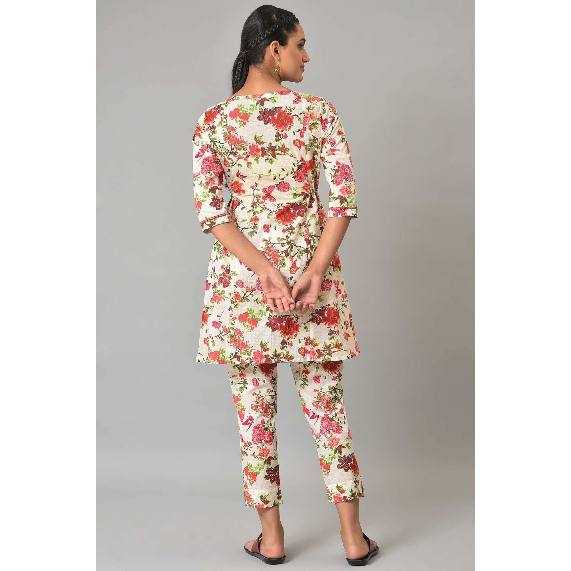 White Multi-Coloured Floral Print Summer Kurta Co-Ord Set