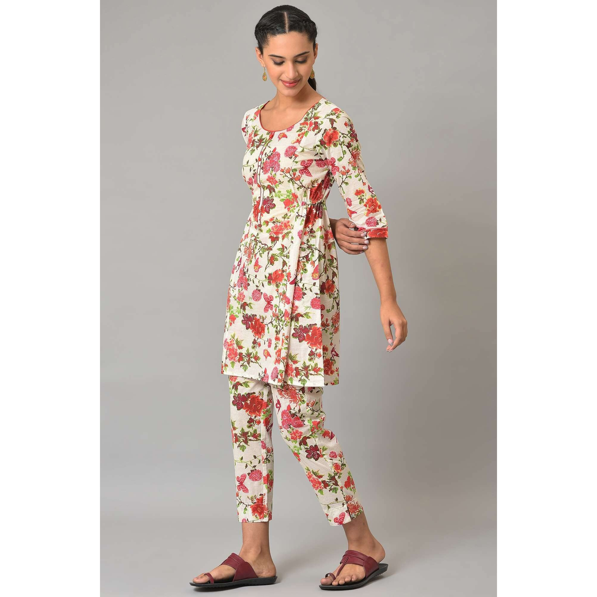 White Multi-Coloured Floral Print Summer Kurta Co-Ord Set