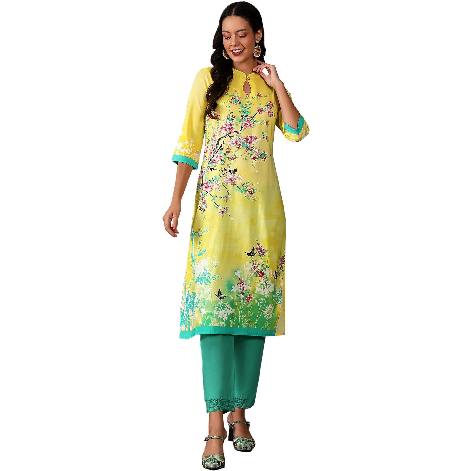 Aurelia Yellow Floral Printed Printed Regular Kurta For Women