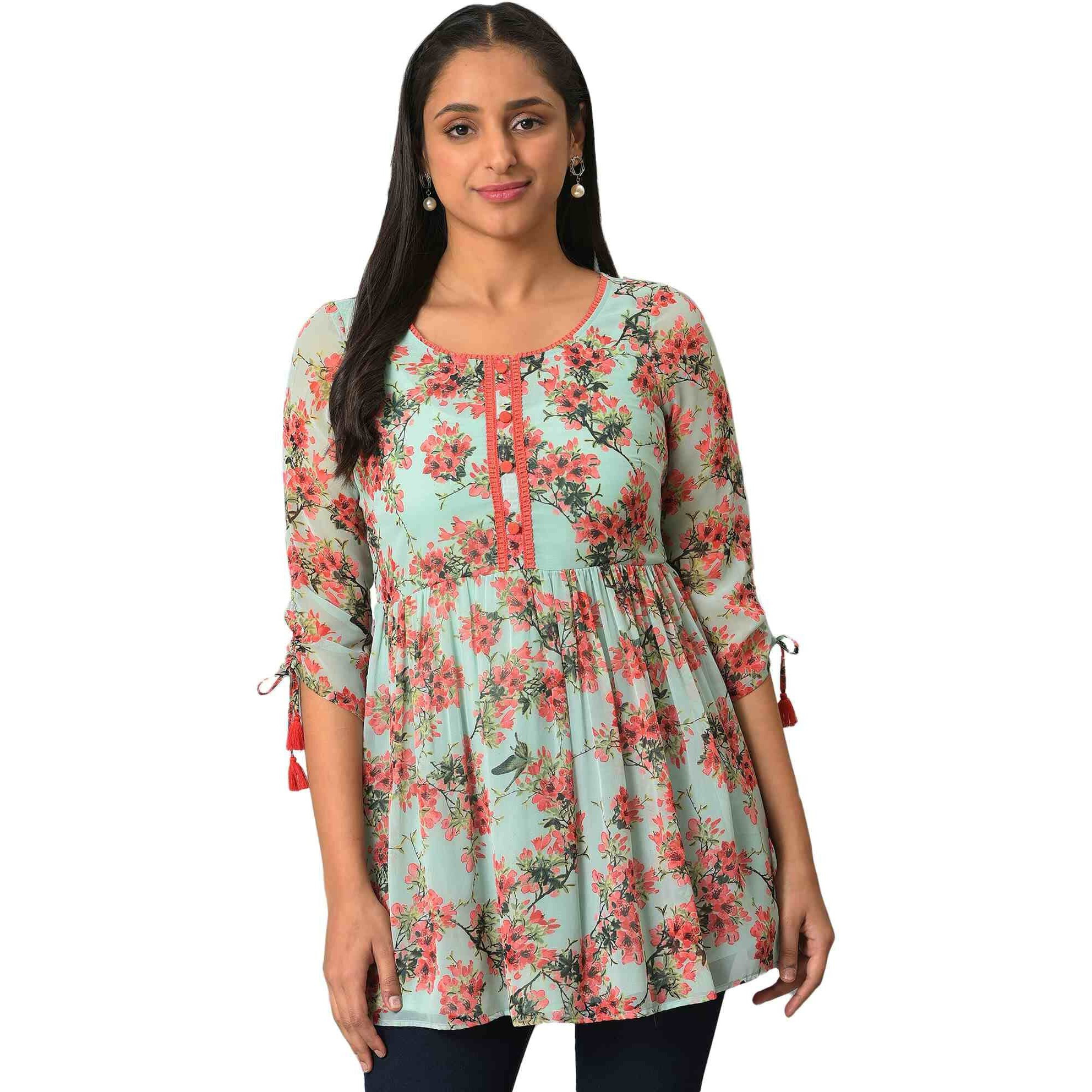 Aurelia Floral Printed Printed Synthetic Regular Green Kurti For Women