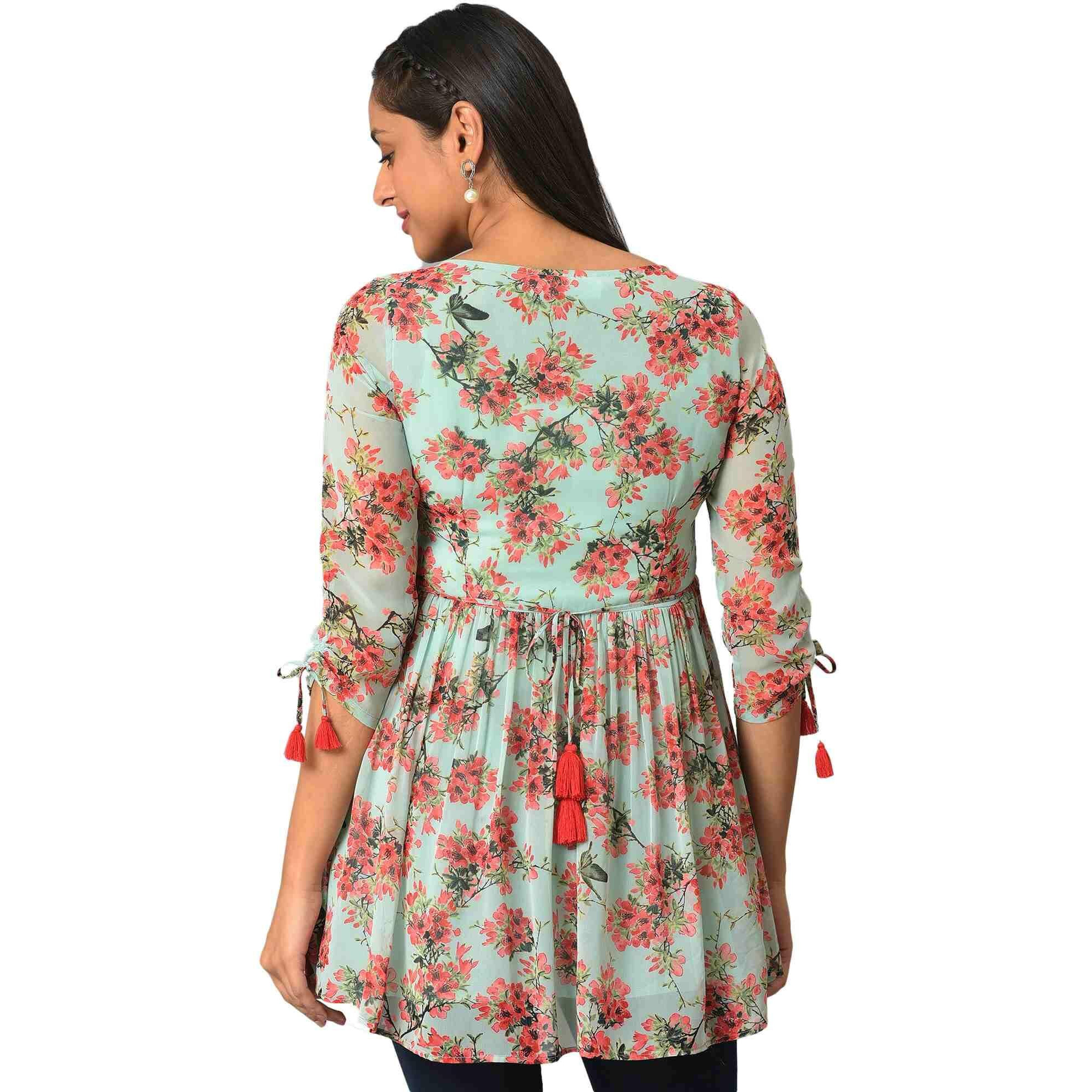 Aurelia Floral Printed Printed Synthetic Regular Green Kurti For Women