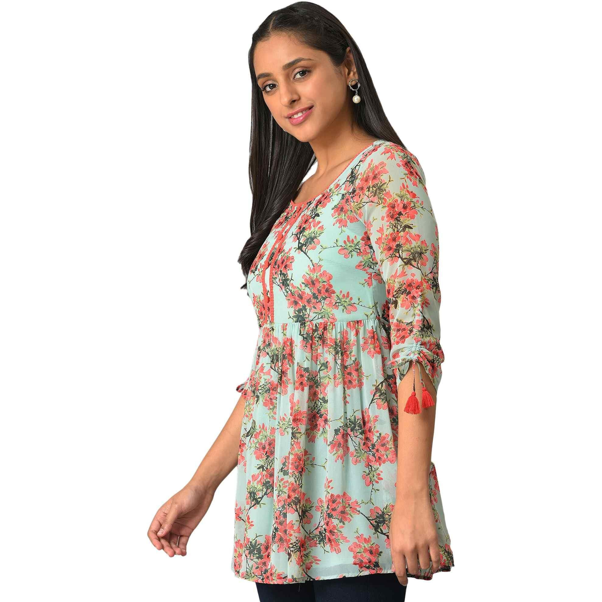 Aurelia Floral Printed Printed Synthetic Regular Green Kurti For Women
