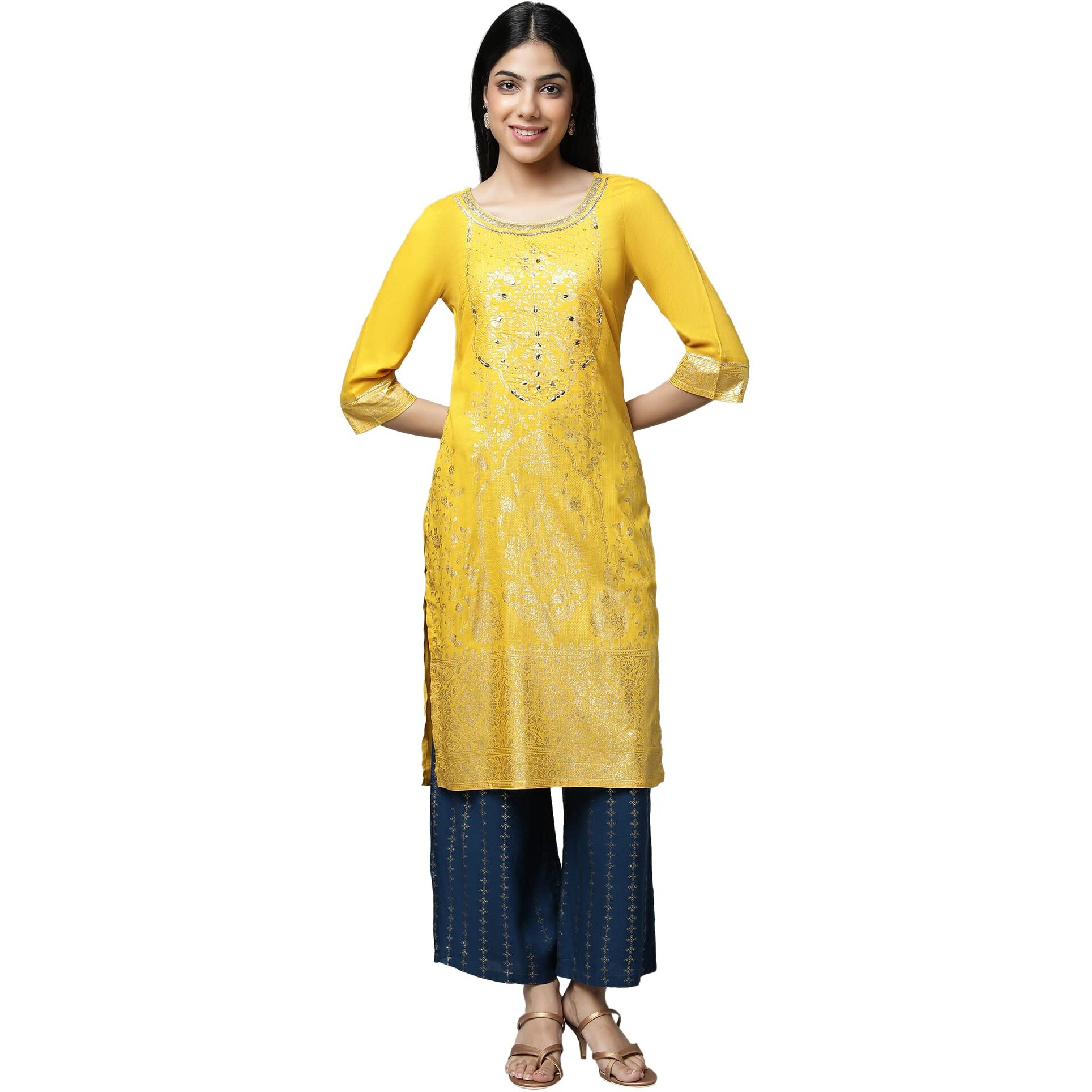 Aurelia Yellow Foil Hand Work Regular Kurta