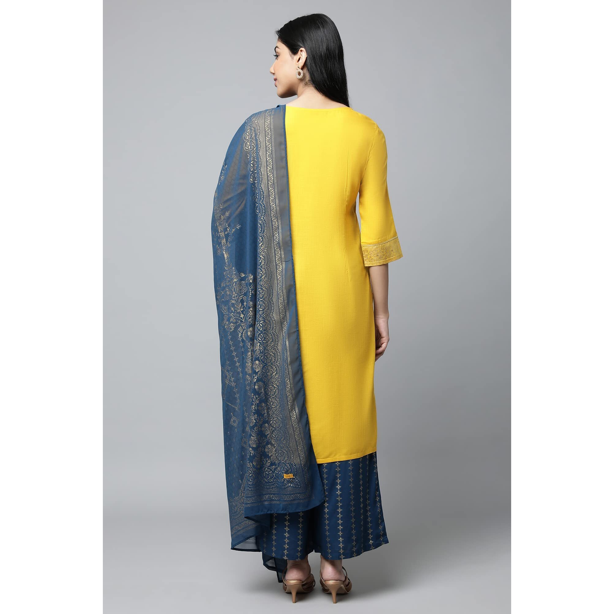 Aurelia Yellow Foil Hand Work Regular Kurta