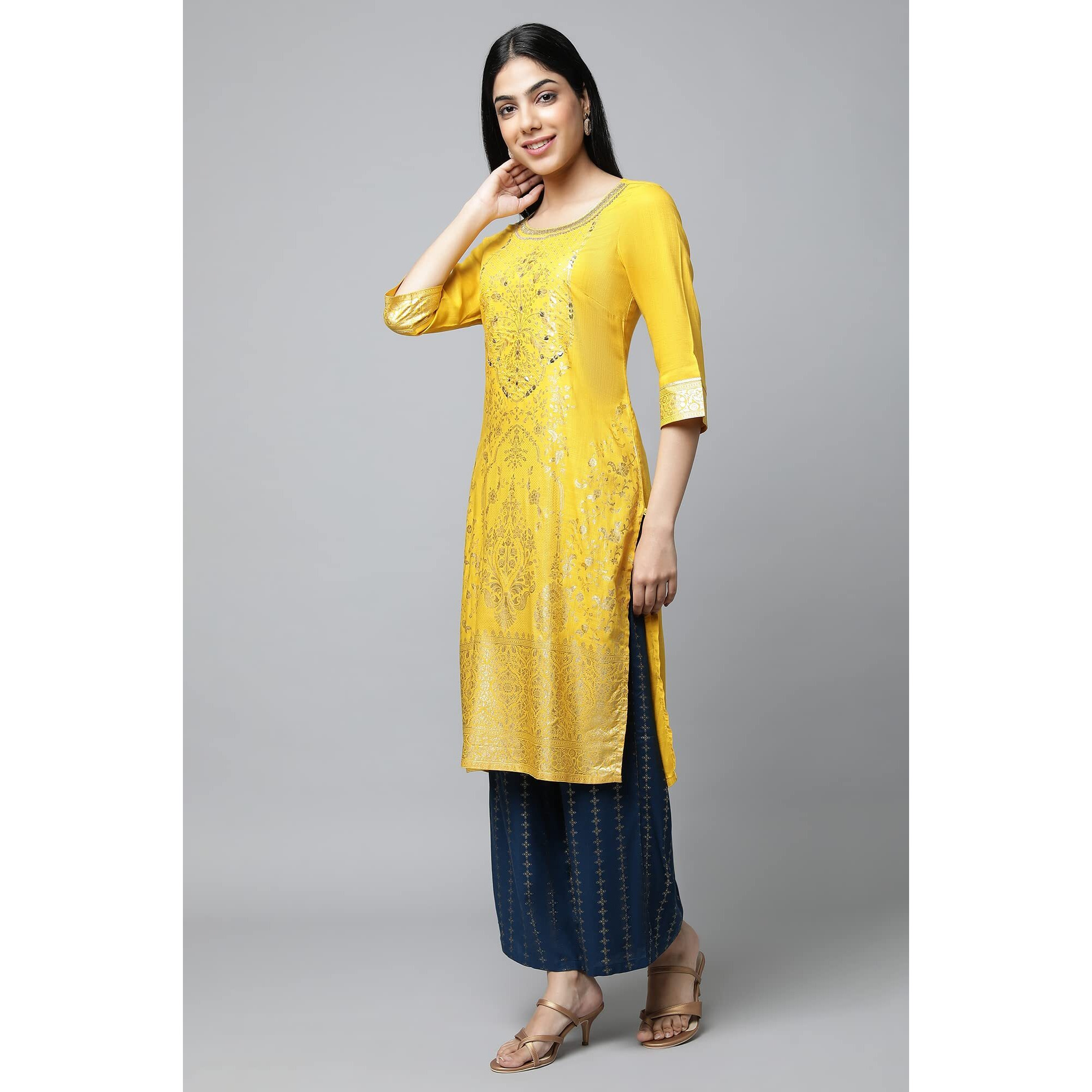 Aurelia Yellow Foil Hand Work Regular Kurta