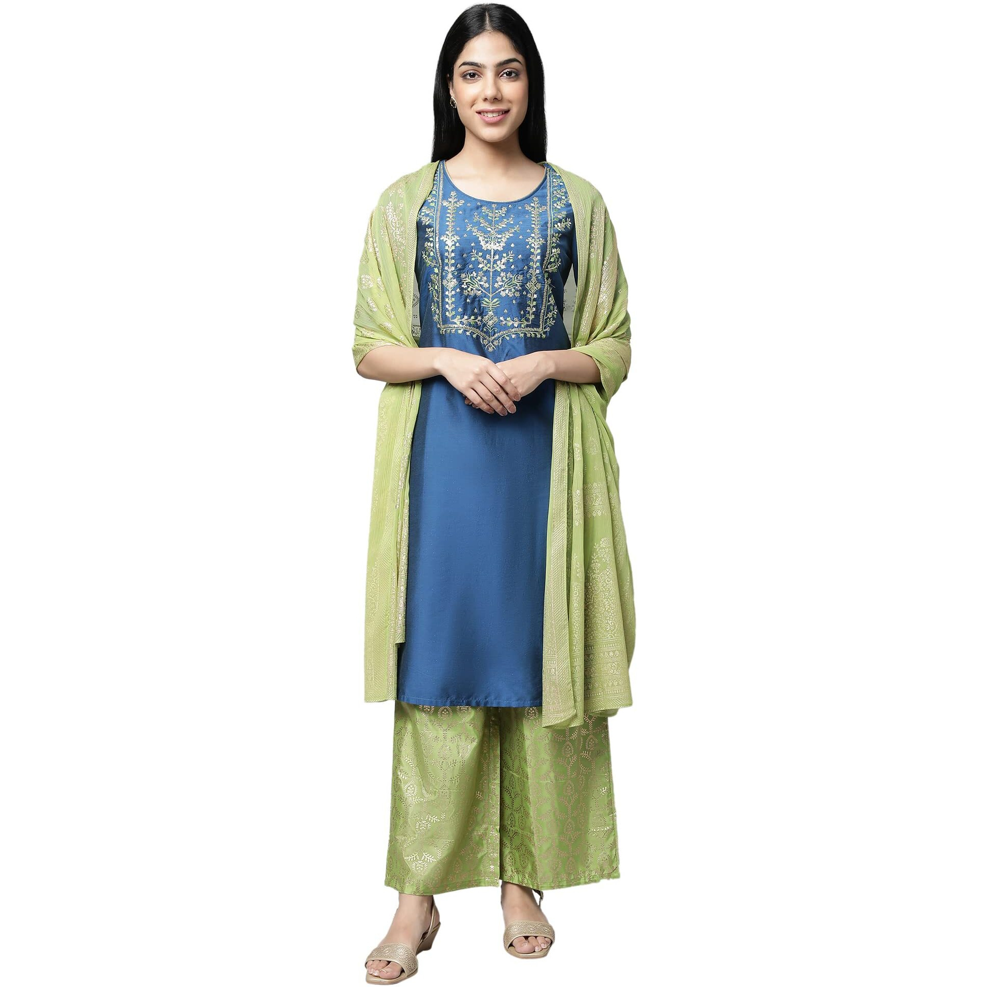 Aurelia Women's Navy Embroidered Blend Regular Kurta