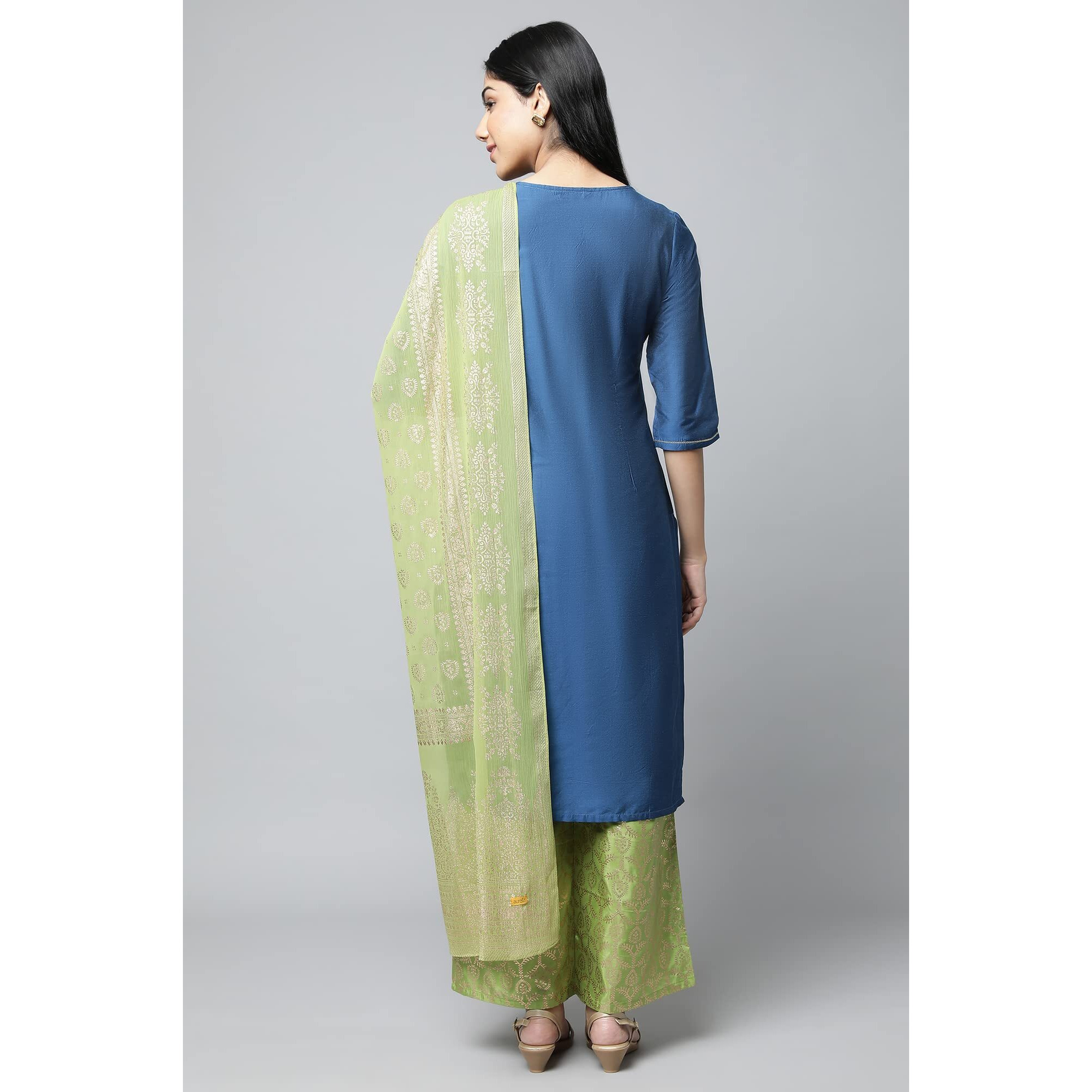 Aurelia Women's Navy Embroidered Blend Regular Kurta