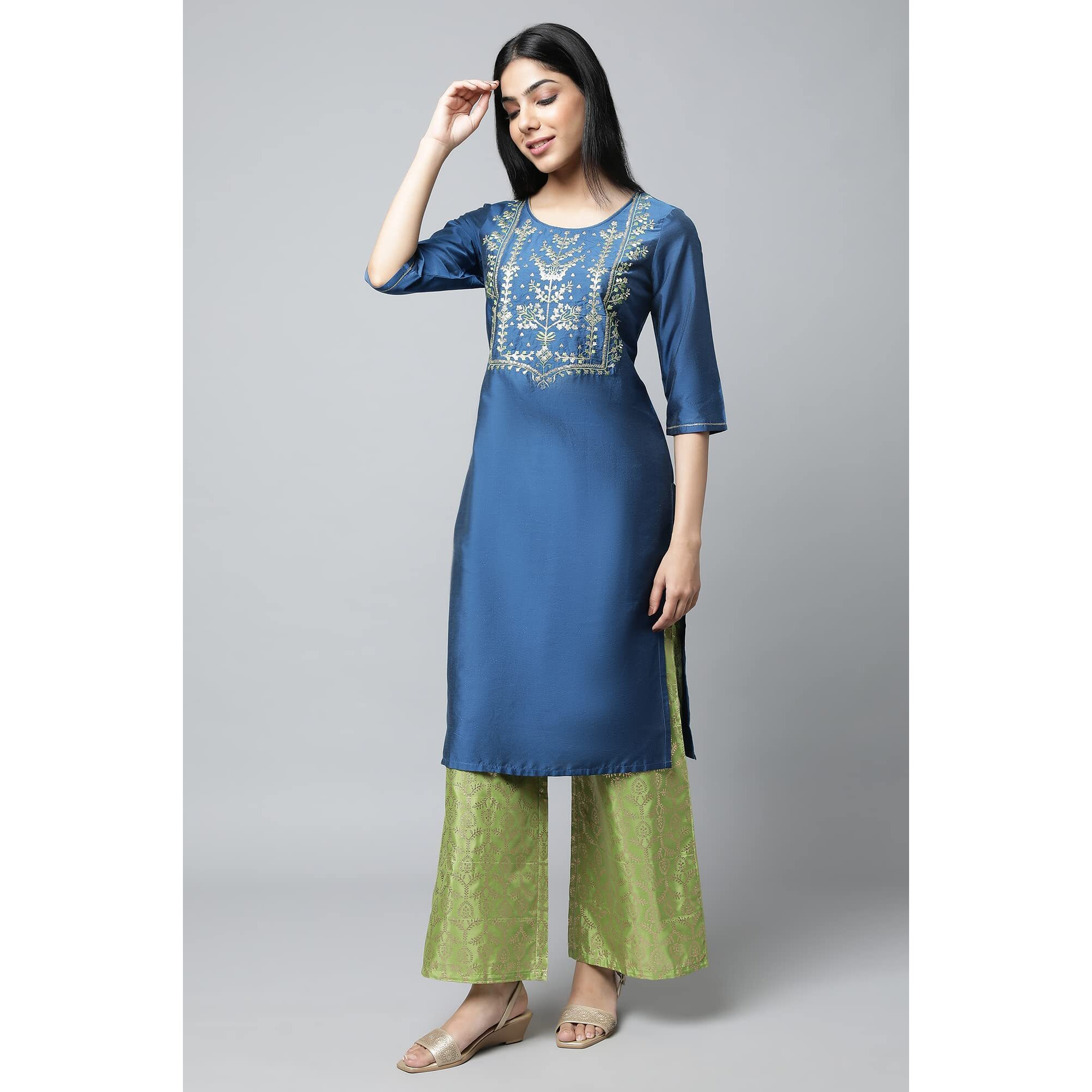 Aurelia Women's Navy Embroidered Blend Regular Kurta